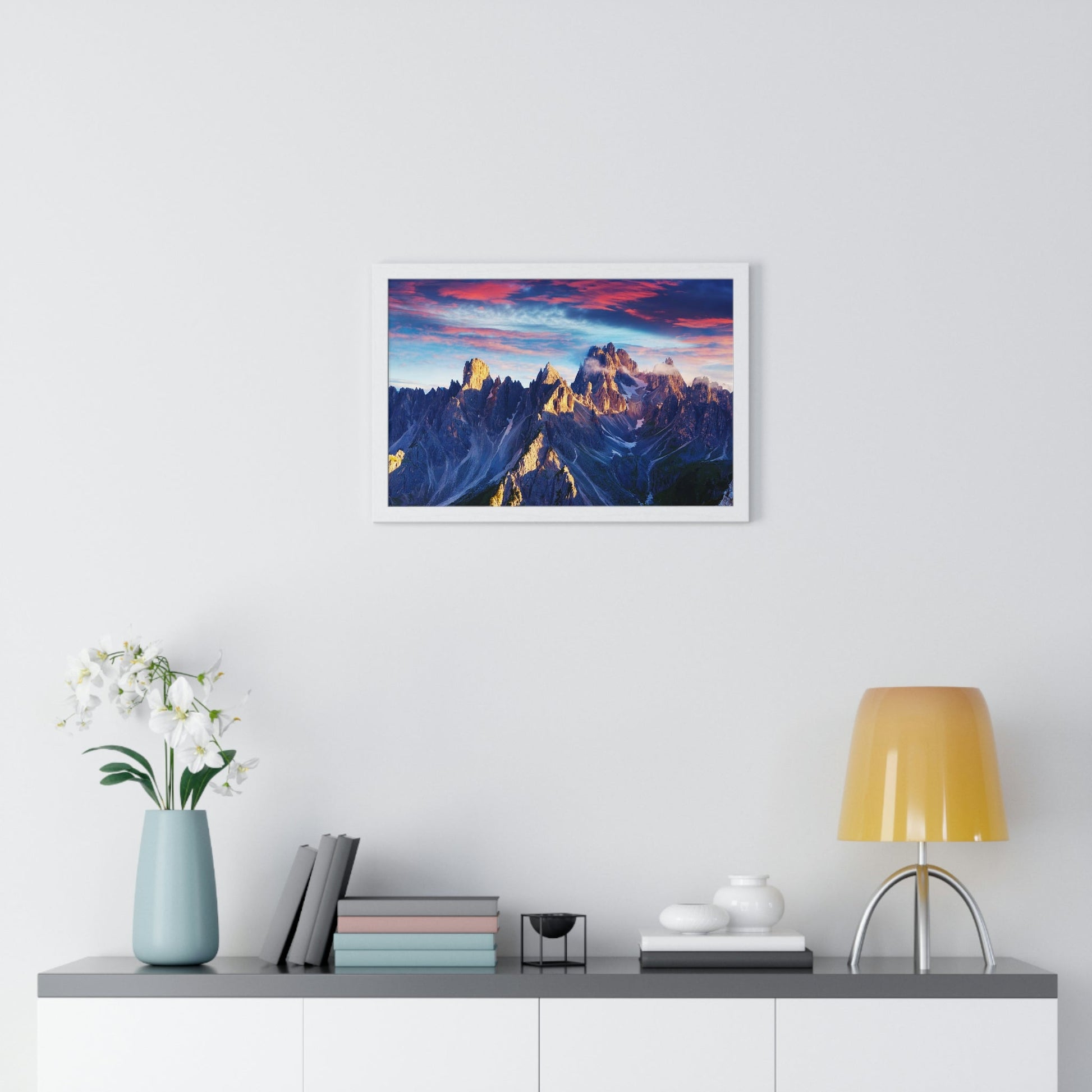 Premium Framed Horizontal Poster - Printed in LATVIA - Eternal Summer Sunrise in Italy Alps, Tre Cime Di Lavaredo, Dolomites, EUROPE - Green Forest Home