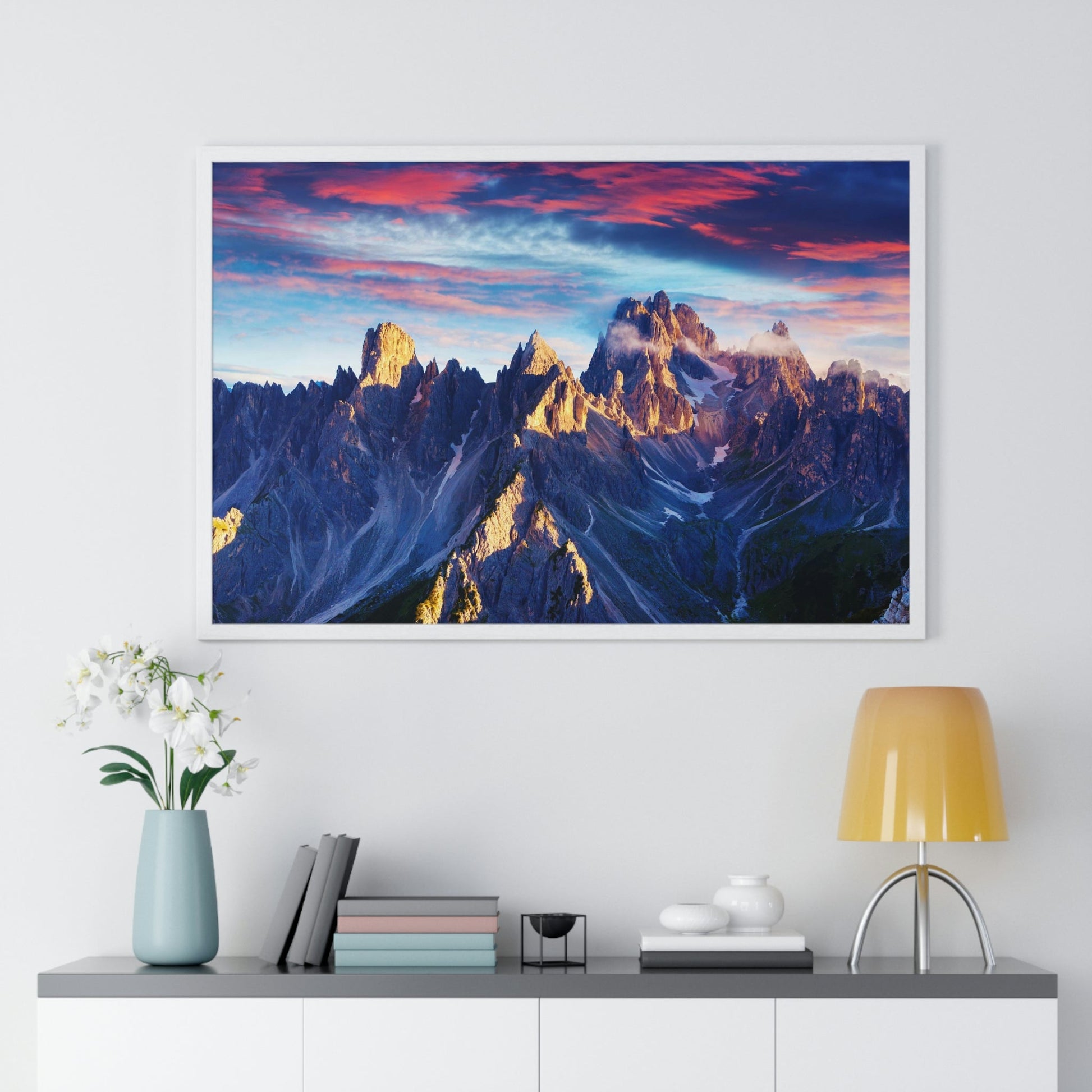 Premium Framed Horizontal Poster - Printed in LATVIA - Eternal Summer Sunrise in Italy Alps, Tre Cime Di Lavaredo, Dolomites, EUROPE - Green Forest Home