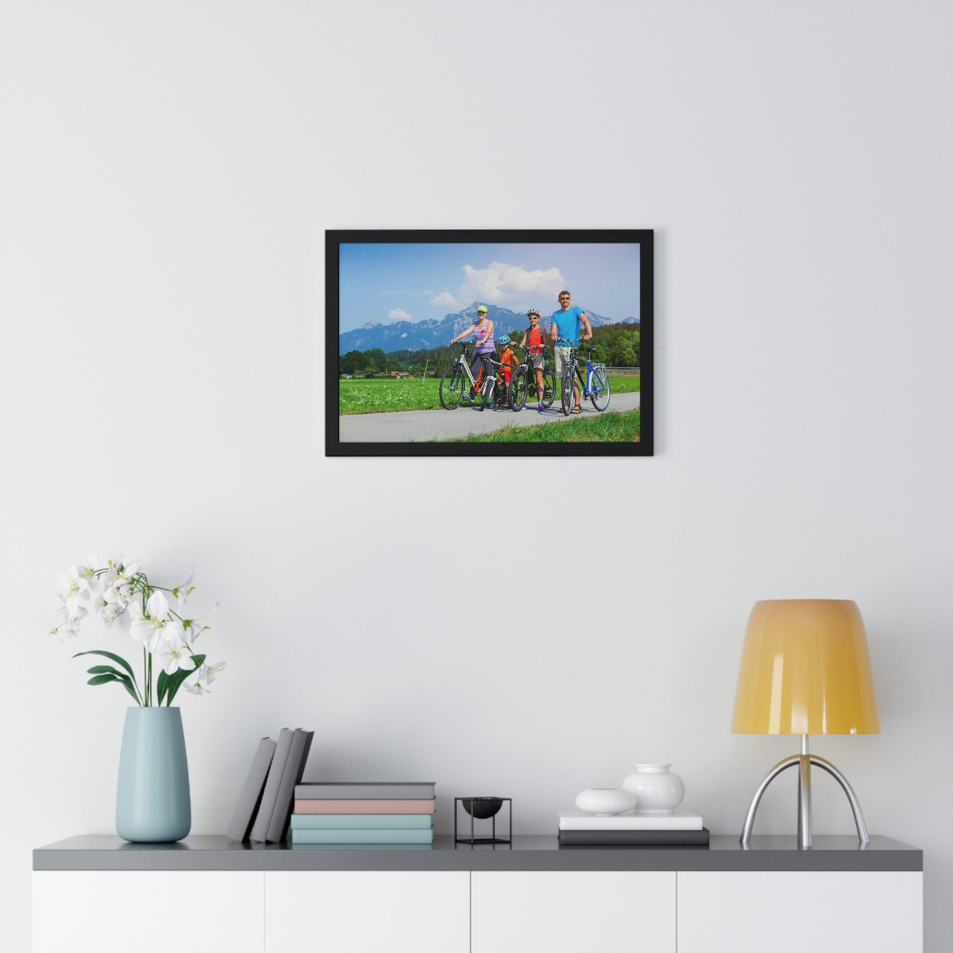 Premium Framed Horizontal Poster - Printed in LATVIA - Family Cycling in the Alps for a Summer vacation - EUROPE - Green Forest Home