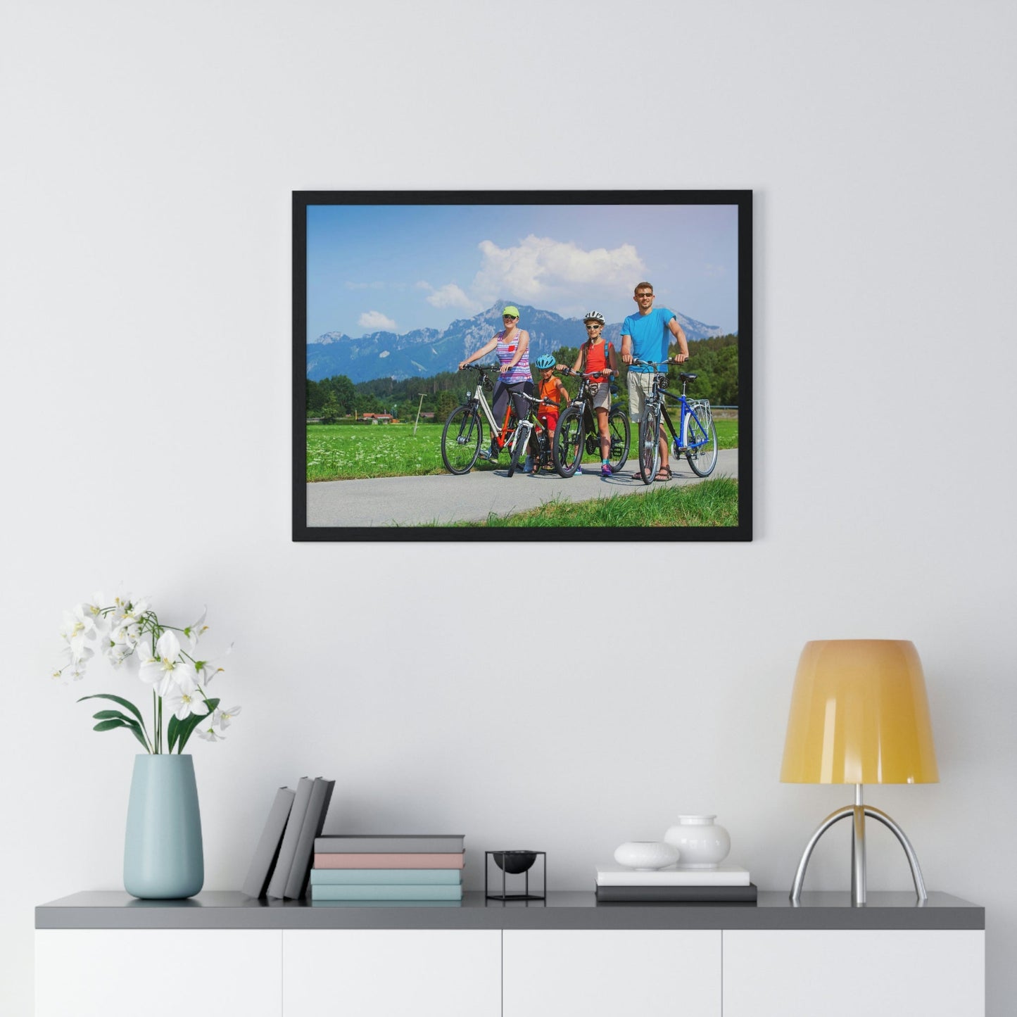 Premium Framed Horizontal Poster - Printed in LATVIA - Family Cycling in the Alps for a Summer vacation - EUROPE - Green Forest Home