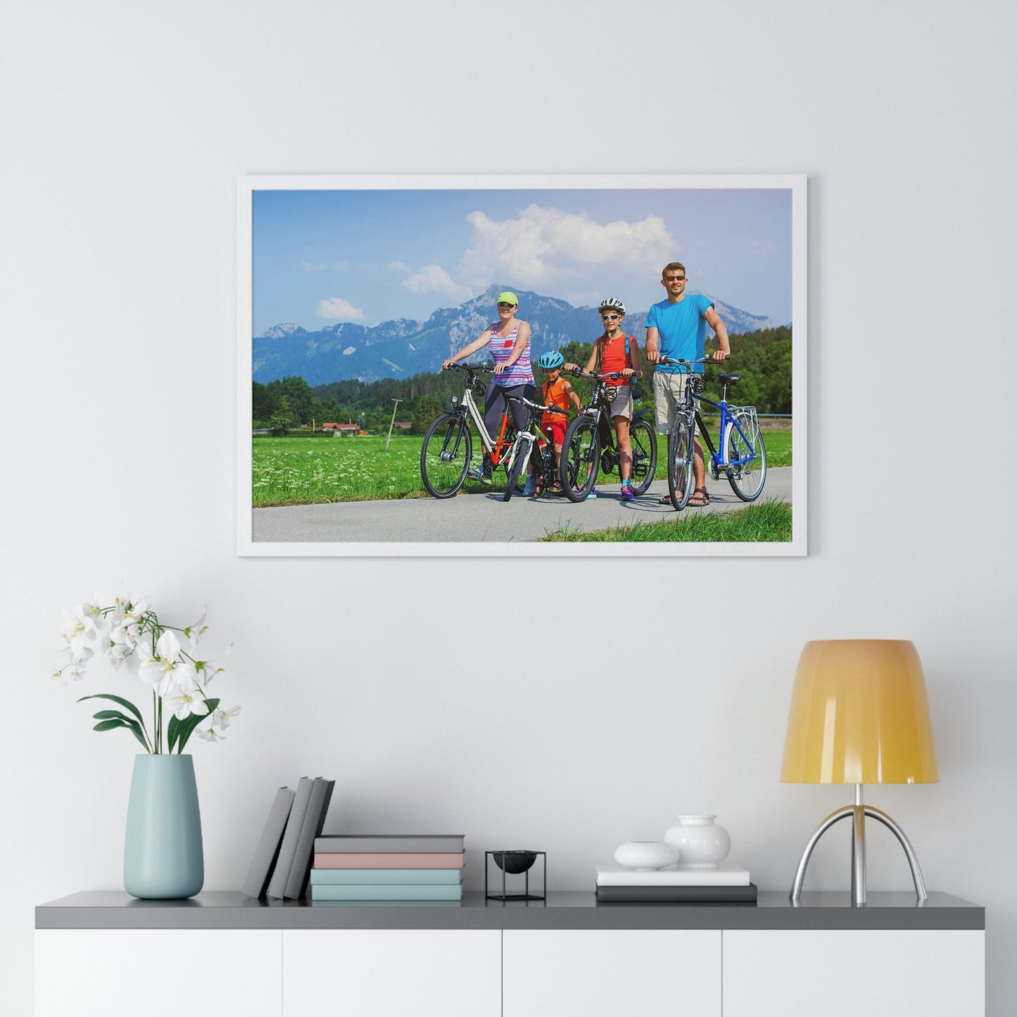 Premium Framed Horizontal Poster - Printed in LATVIA - Family Cycling in the Alps for a Summer vacation - EUROPE - Green Forest Home