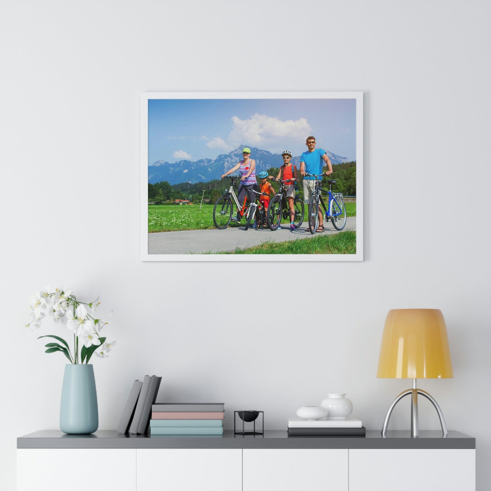 Premium Framed Horizontal Poster - Printed in LATVIA - Family Cycling in the Alps for a Summer vacation - EUROPE - Green Forest Home