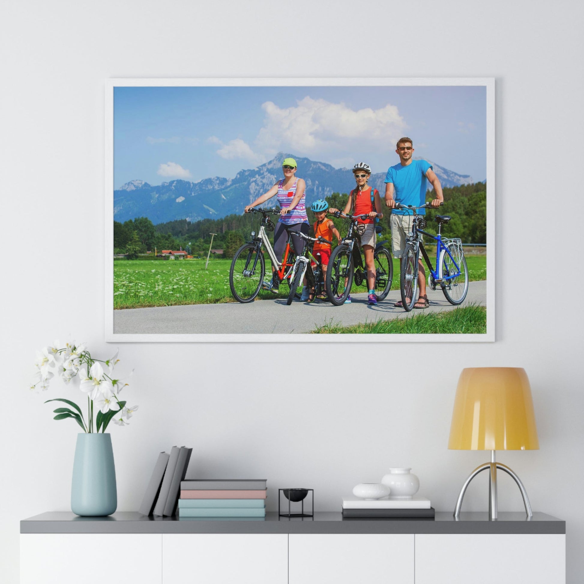 Premium Framed Horizontal Poster - Printed in LATVIA - Family Cycling in the Alps for a Summer vacation - EUROPE - Green Forest Home