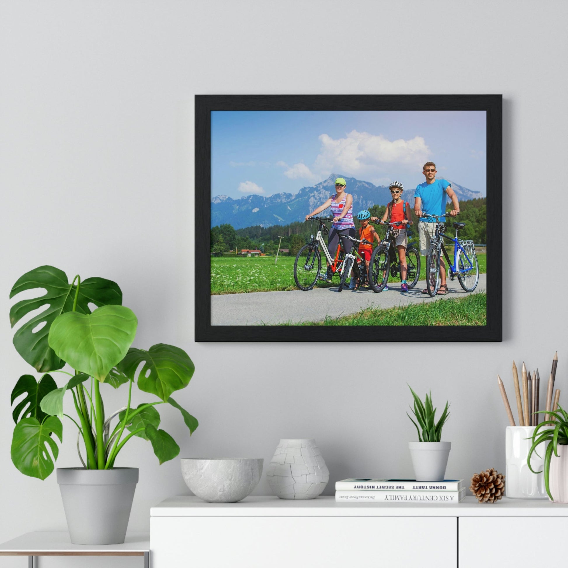 Premium Framed Horizontal Poster - Printed in LATVIA - Family Cycling in the Alps for a Summer vacation - EUROPE - Green Forest Home