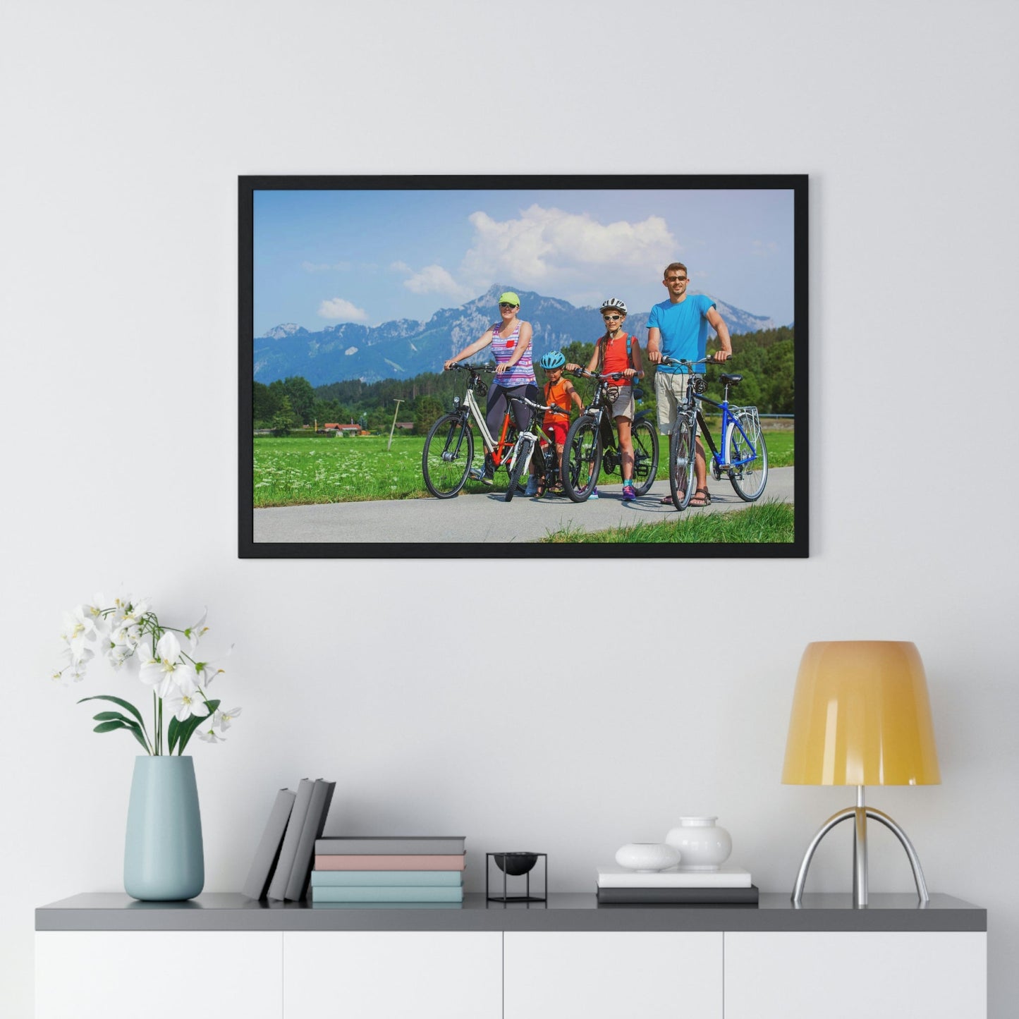 Premium Framed Horizontal Poster - Printed in LATVIA - Family Cycling in the Alps for a Summer vacation - EUROPE - Green Forest Home