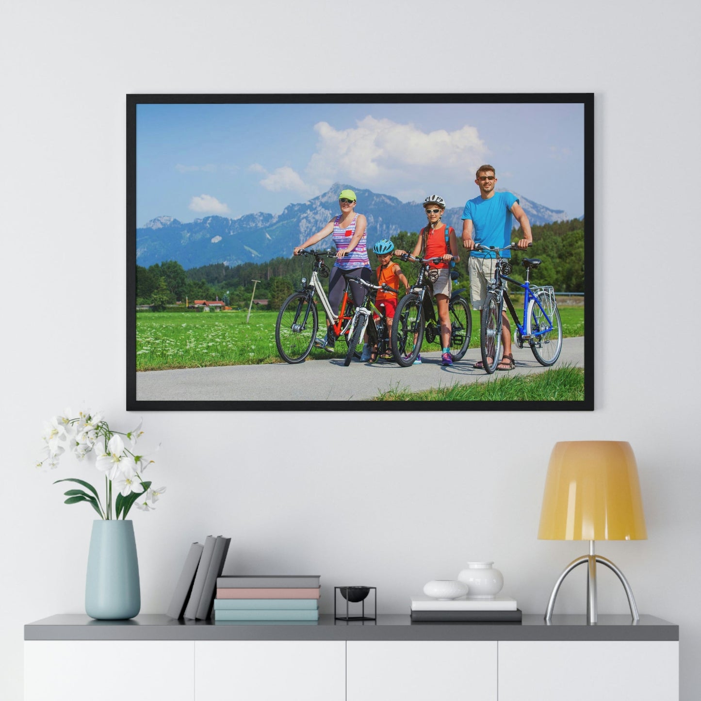 Premium Framed Horizontal Poster - Printed in LATVIA - Family Cycling in the Alps for a Summer vacation - EUROPE - Green Forest Home