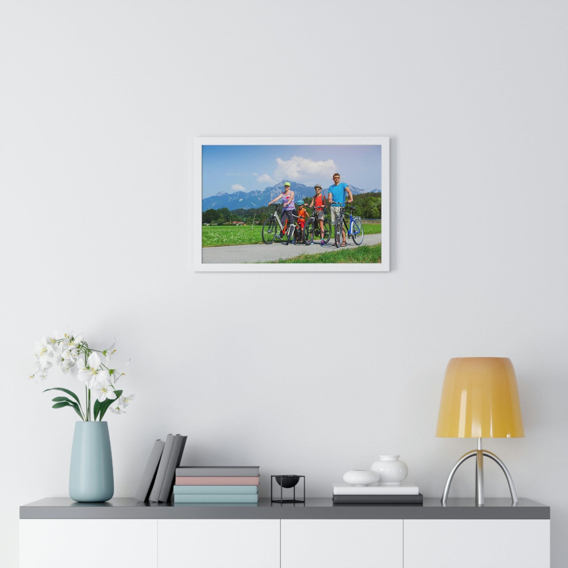 Premium Framed Horizontal Poster - Printed in LATVIA - Family Cycling in the Alps for a Summer vacation - EUROPE - Green Forest Home