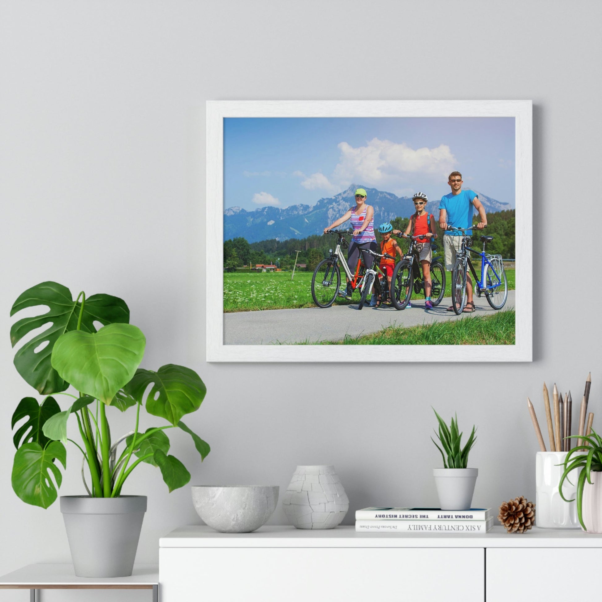 Premium Framed Horizontal Poster - Printed in LATVIA - Family Cycling in the Alps for a Summer vacation - EUROPE - Green Forest Home