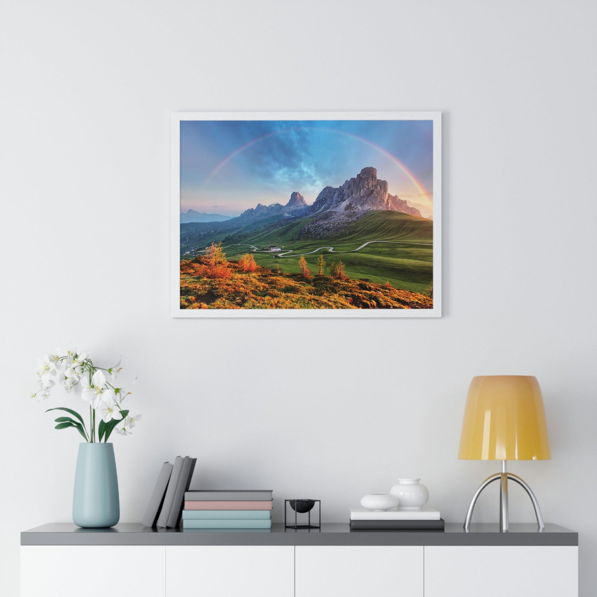 Premium Framed Horizontal poster - Printed in LATVIA - Landscape - Living Nature Mountan in the Alps with Rainbow - EUROPE - Green Forest Home