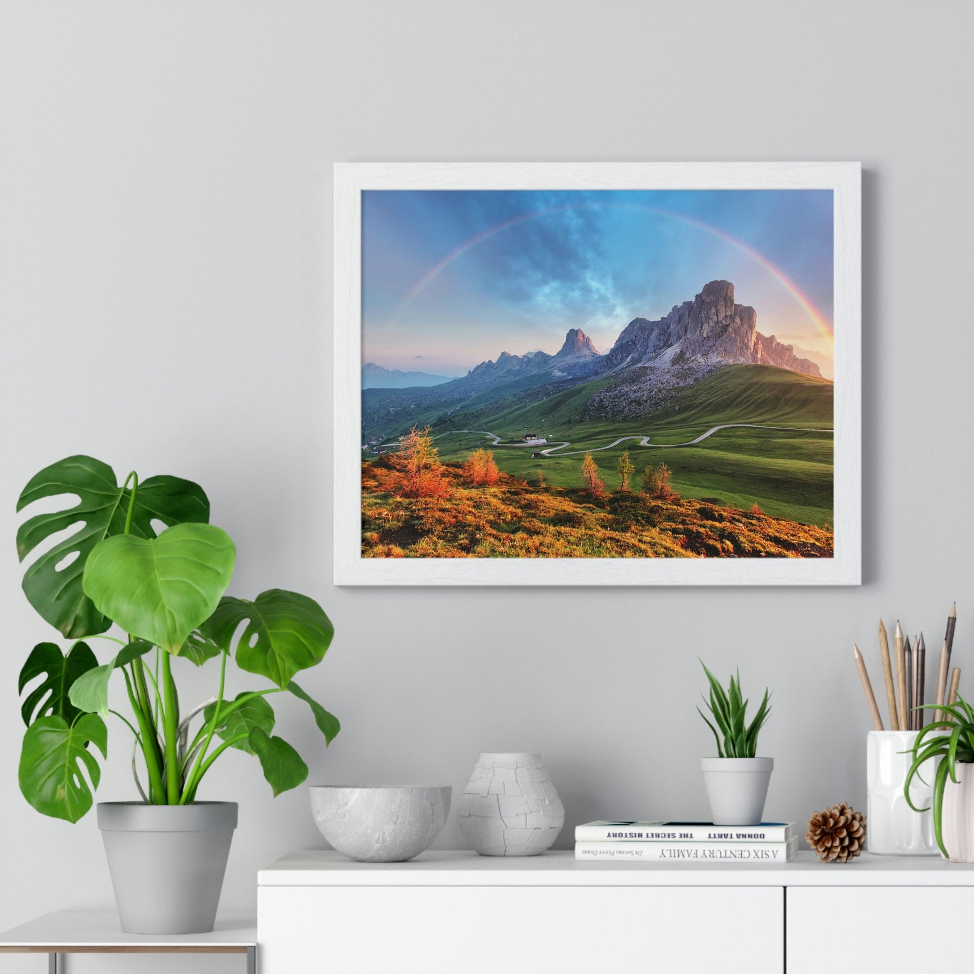 Premium Framed Horizontal poster - Printed in LATVIA - Landscape - Living Nature Mountan in the Alps with Rainbow - EUROPE - Green Forest Home