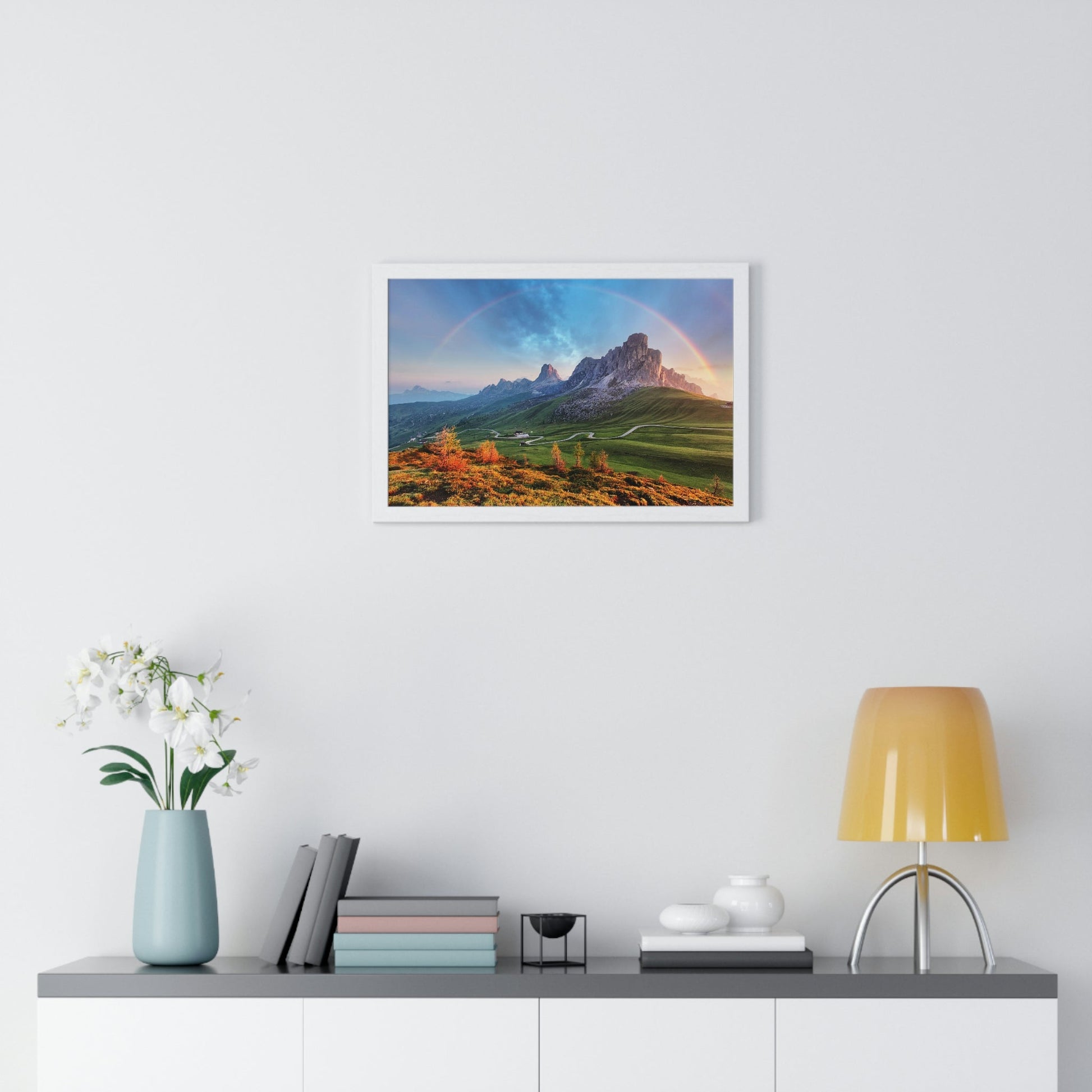 Premium Framed Horizontal poster - Printed in LATVIA - Landscape - Living Nature Mountan in the Alps with Rainbow - EUROPE - Green Forest Home