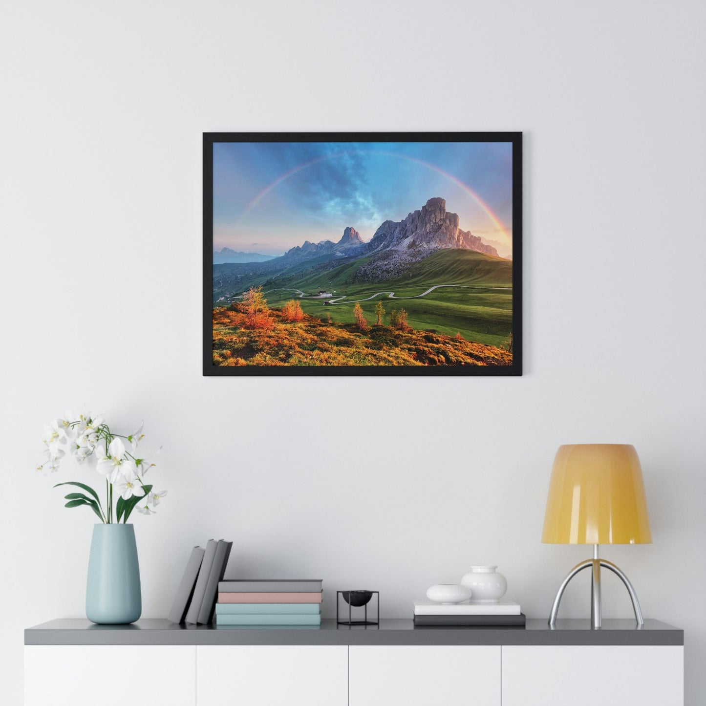 Premium Framed Horizontal poster - Printed in LATVIA - Landscape - Living Nature Mountan in the Alps with Rainbow - EUROPE - Green Forest Home