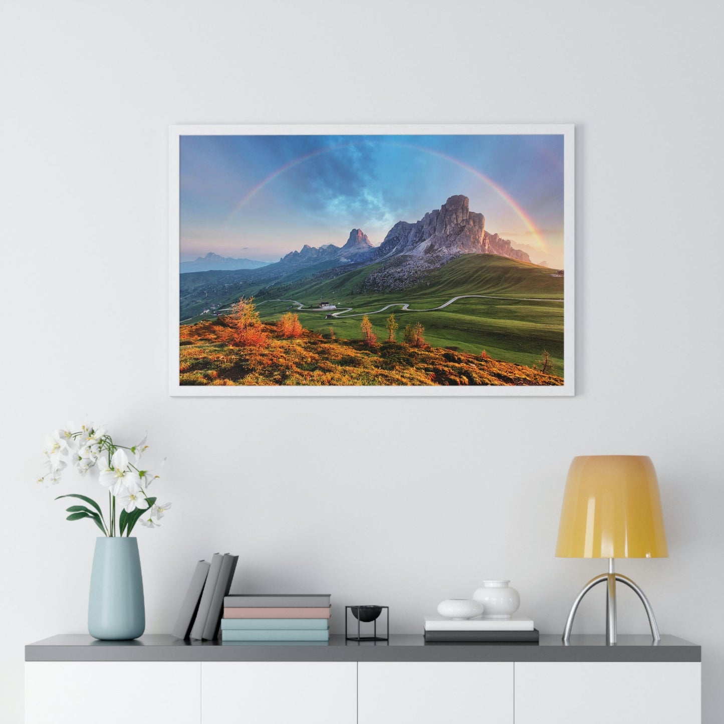 Premium Framed Horizontal poster - Printed in LATVIA - Landscape - Living Nature Mountan in the Alps with Rainbow - EUROPE - Green Forest Home