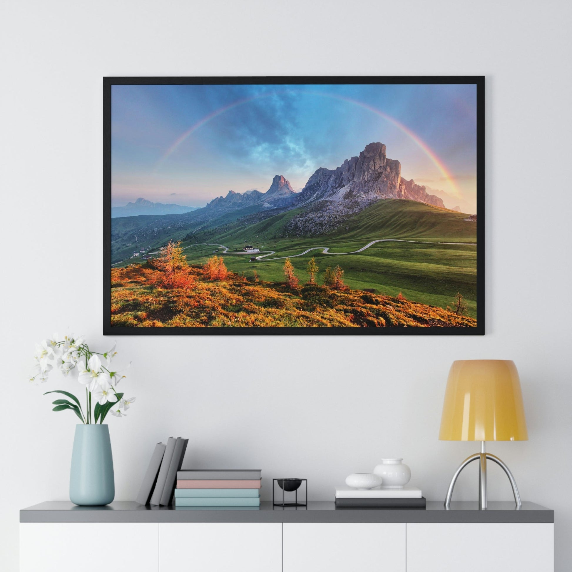 Premium Framed Horizontal poster - Printed in LATVIA - Landscape - Living Nature Mountan in the Alps with Rainbow - EUROPE - Green Forest Home