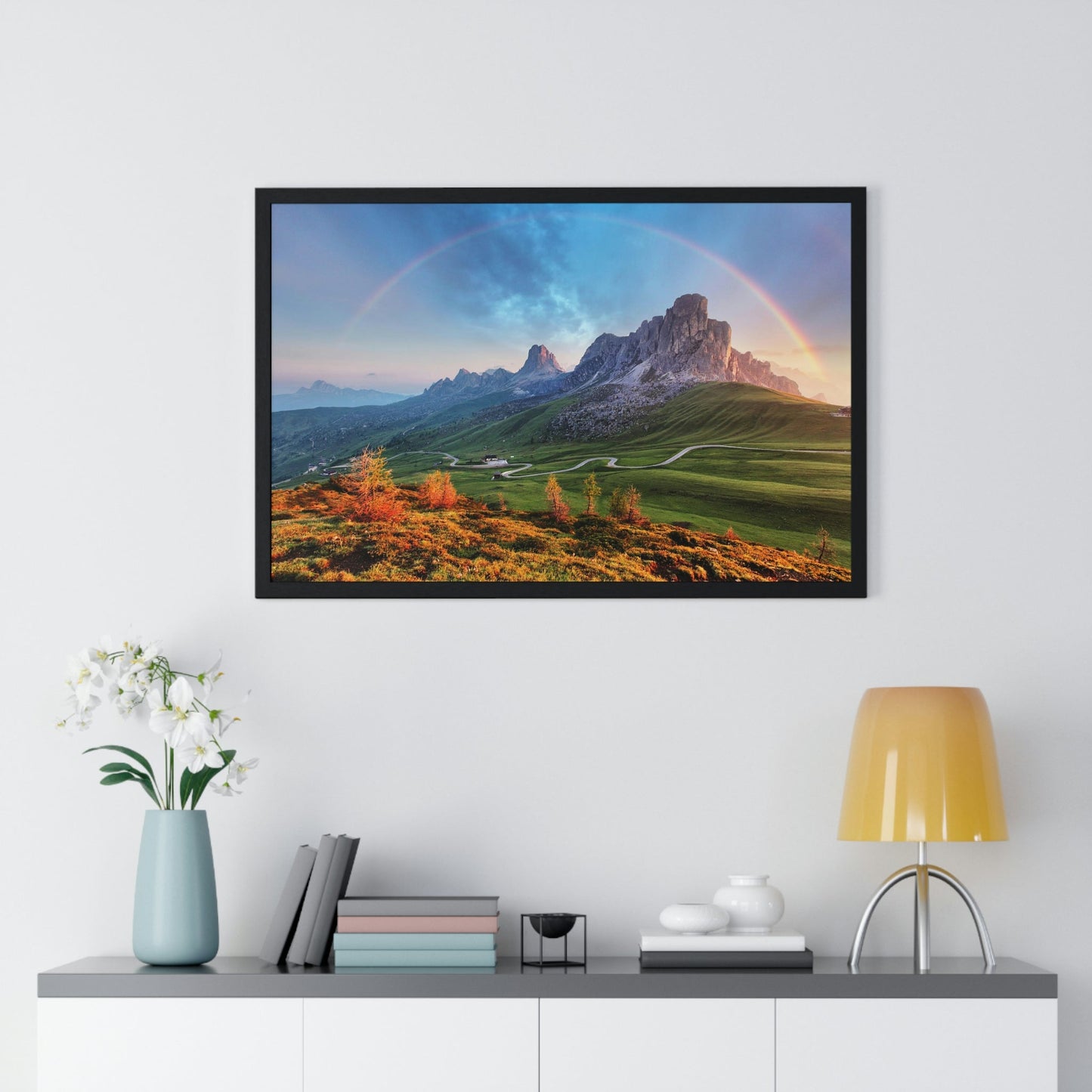 Premium Framed Horizontal poster - Printed in LATVIA - Landscape - Living Nature Mountan in the Alps with Rainbow - EUROPE - Green Forest Home