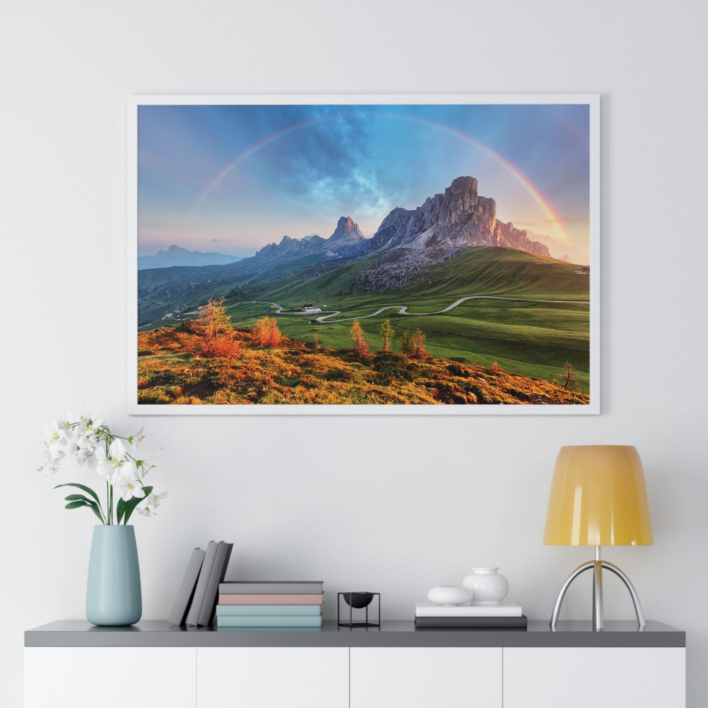 Premium Framed Horizontal poster - Printed in LATVIA - Landscape - Living Nature Mountan in the Alps with Rainbow - EUROPE - Green Forest Home