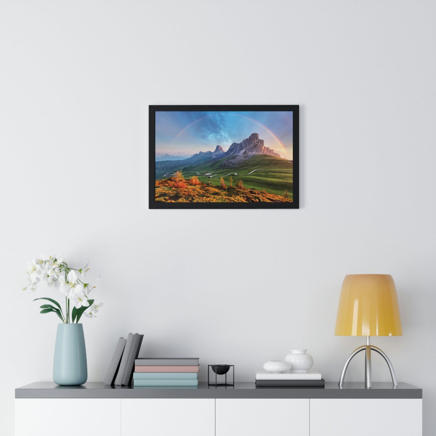 Premium Framed Horizontal poster - Printed in LATVIA - Landscape - Living Nature Mountan in the Alps with Rainbow - EUROPE - Green Forest Home