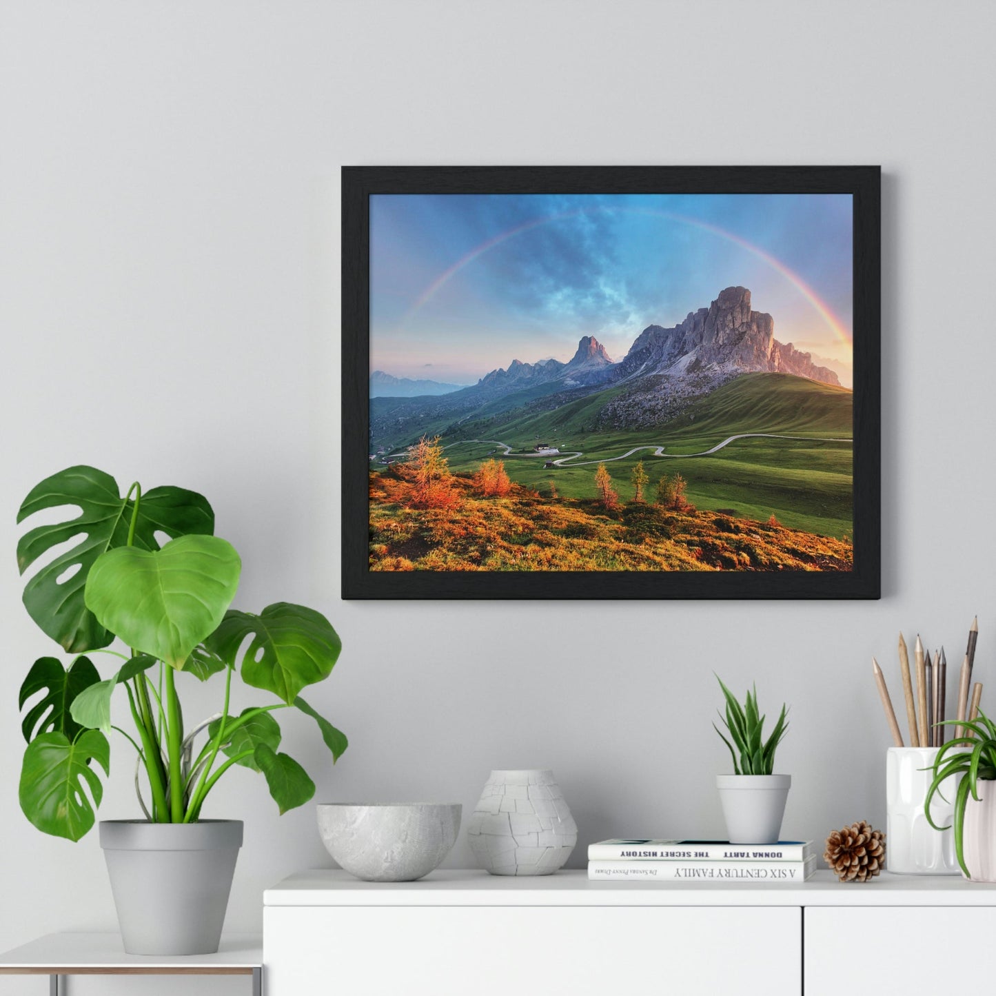 Premium Framed Horizontal poster - Printed in LATVIA - Landscape - Living Nature Mountan in the Alps with Rainbow - EUROPE - Green Forest Home