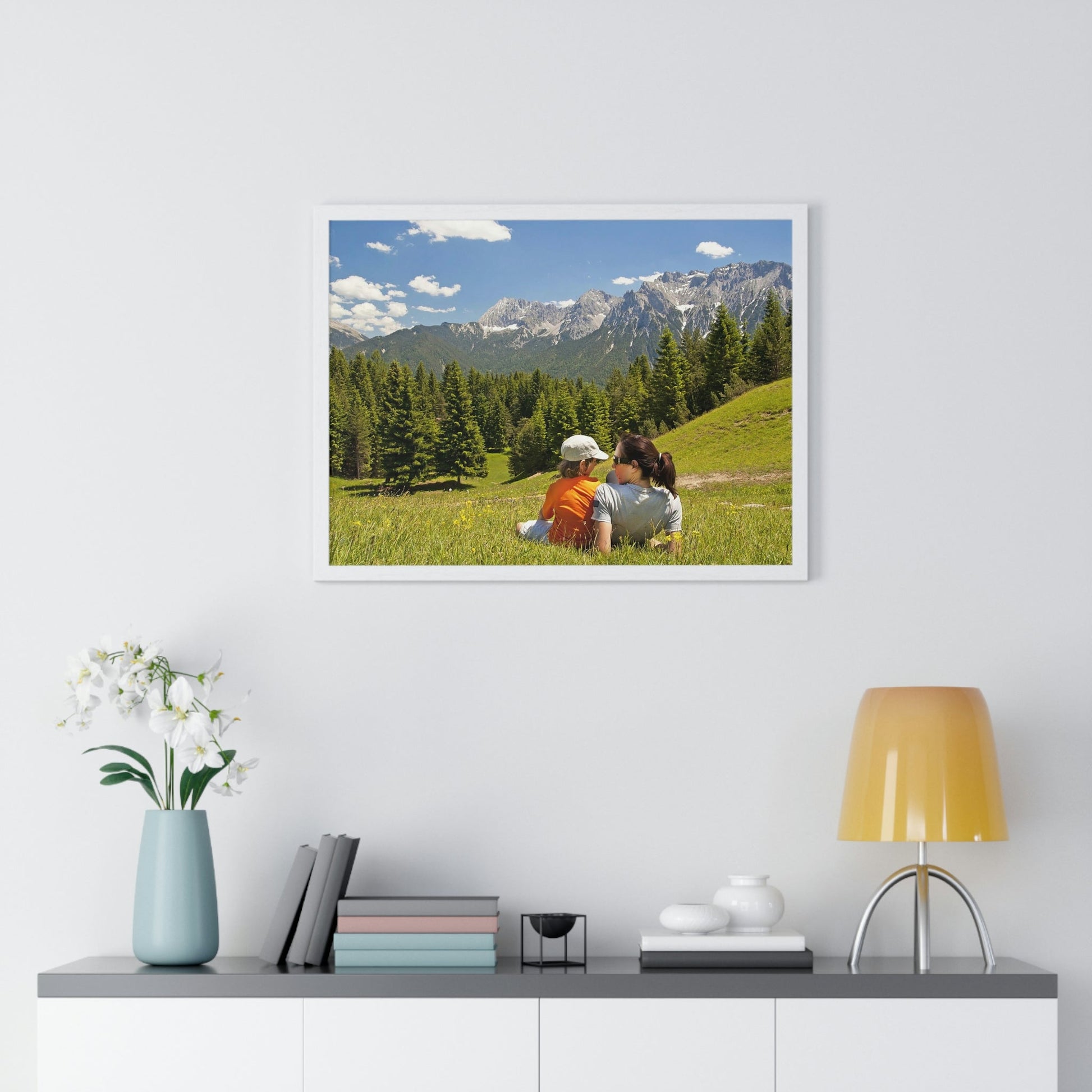 Premium Framed Horizontal Poster - Printed in LATVIA - Mother and child family hiking on mountain trip pasture in Alps - EUROPE - Green Forest Home