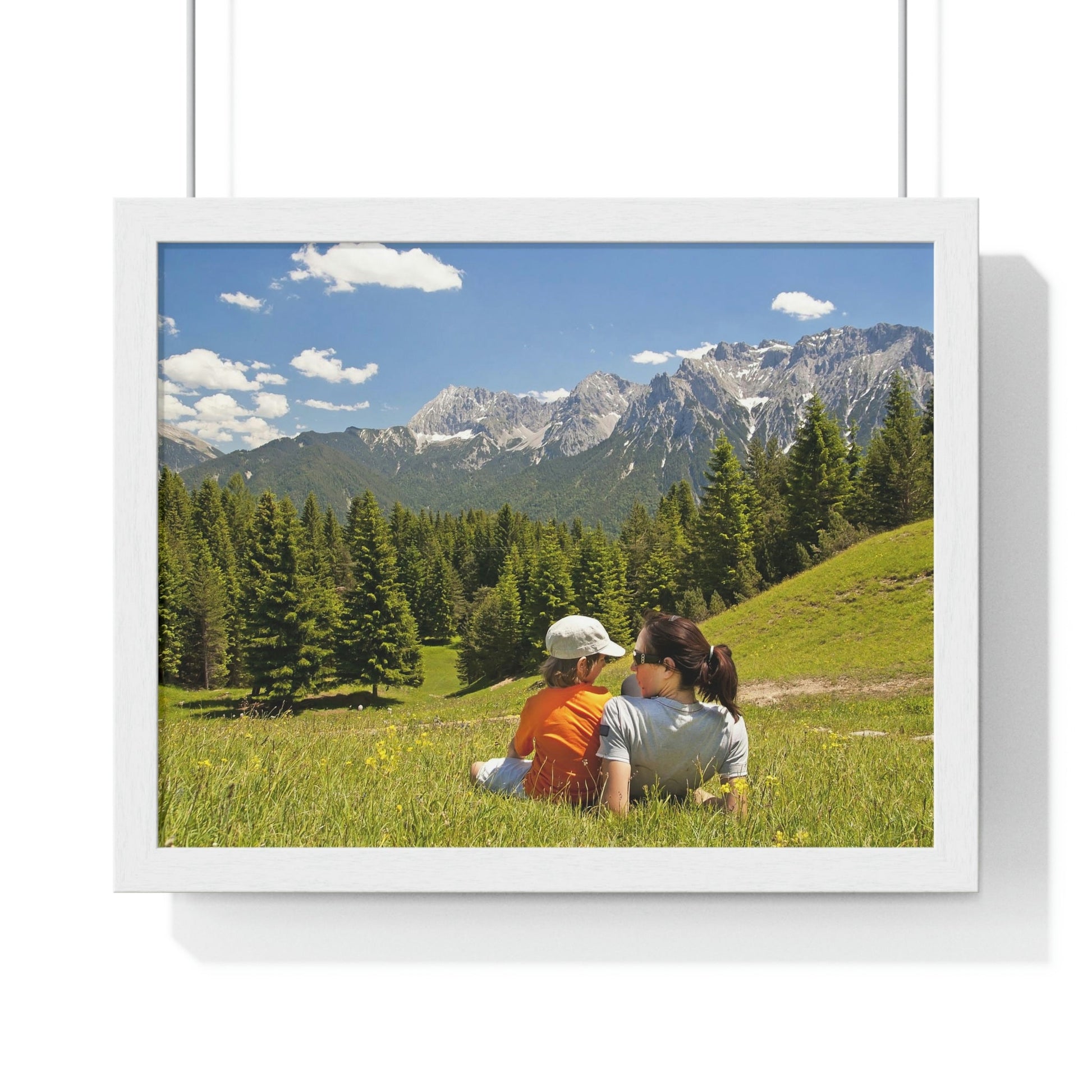 Premium Framed Horizontal Poster - Printed in LATVIA - Mother and child family hiking on mountain trip pasture in Alps - EUROPE - Green Forest Home