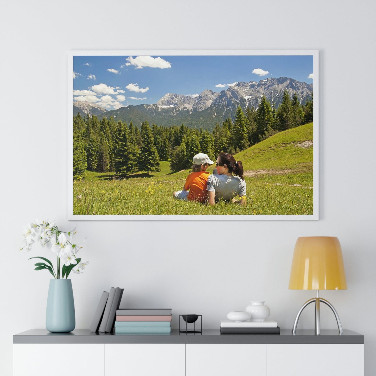 Premium Framed Horizontal Poster - Printed in LATVIA - Mother and child family hiking on mountain trip pasture in Alps - EUROPE - Green Forest Home