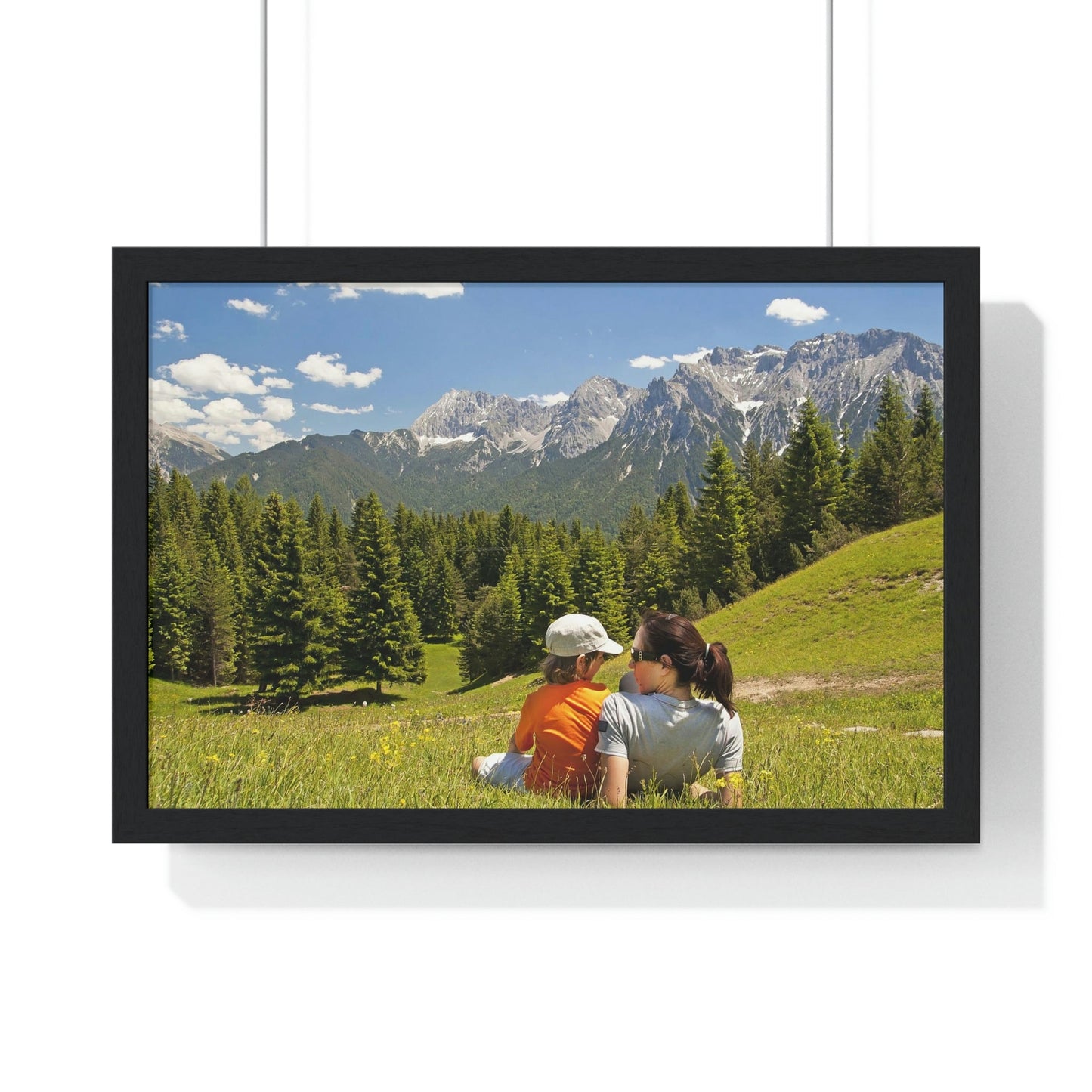 Premium Framed Horizontal Poster - Printed in LATVIA - Mother and child family hiking on mountain trip pasture in Alps - EUROPE - Green Forest Home