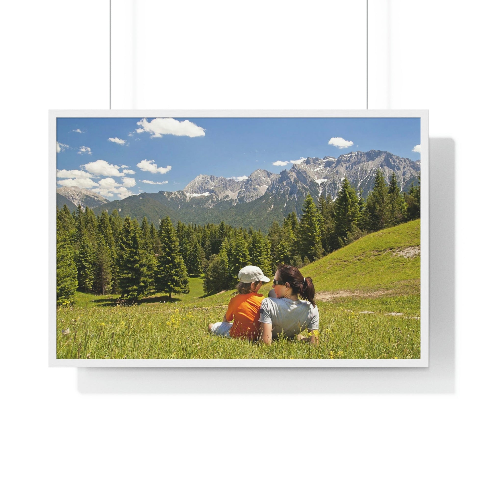 Premium Framed Horizontal Poster - Printed in LATVIA - Mother and child family hiking on mountain trip pasture in Alps - EUROPE - Green Forest Home