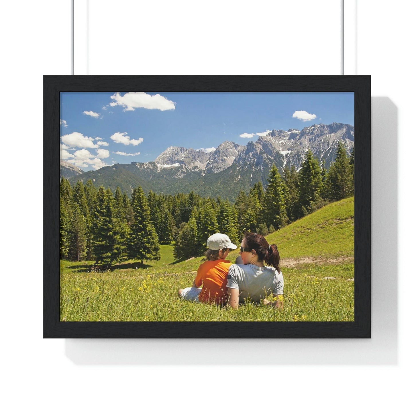 Premium Framed Horizontal Poster - Printed in LATVIA - Mother and child family hiking on mountain trip pasture in Alps - EUROPE - Green Forest Home