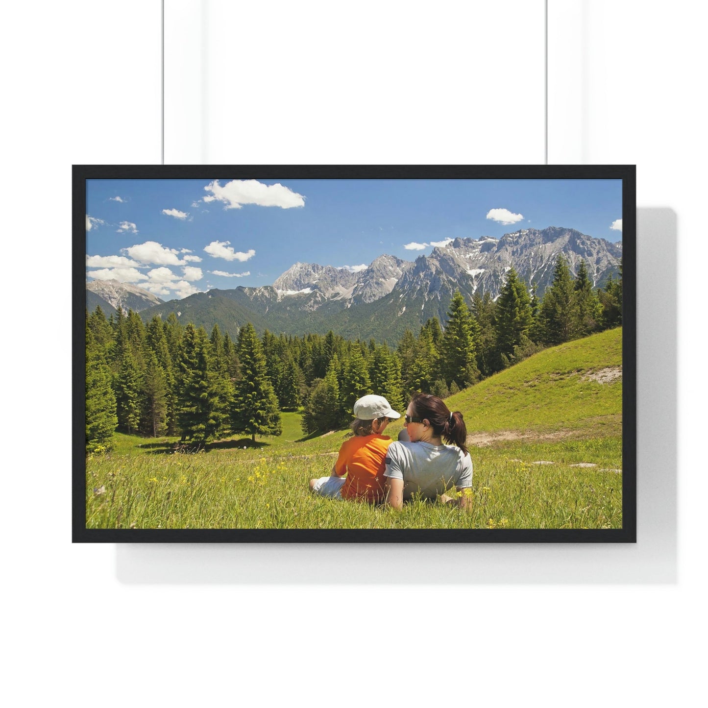 Premium Framed Horizontal Poster - Printed in LATVIA - Mother and child family hiking on mountain trip pasture in Alps - EUROPE - Green Forest Home