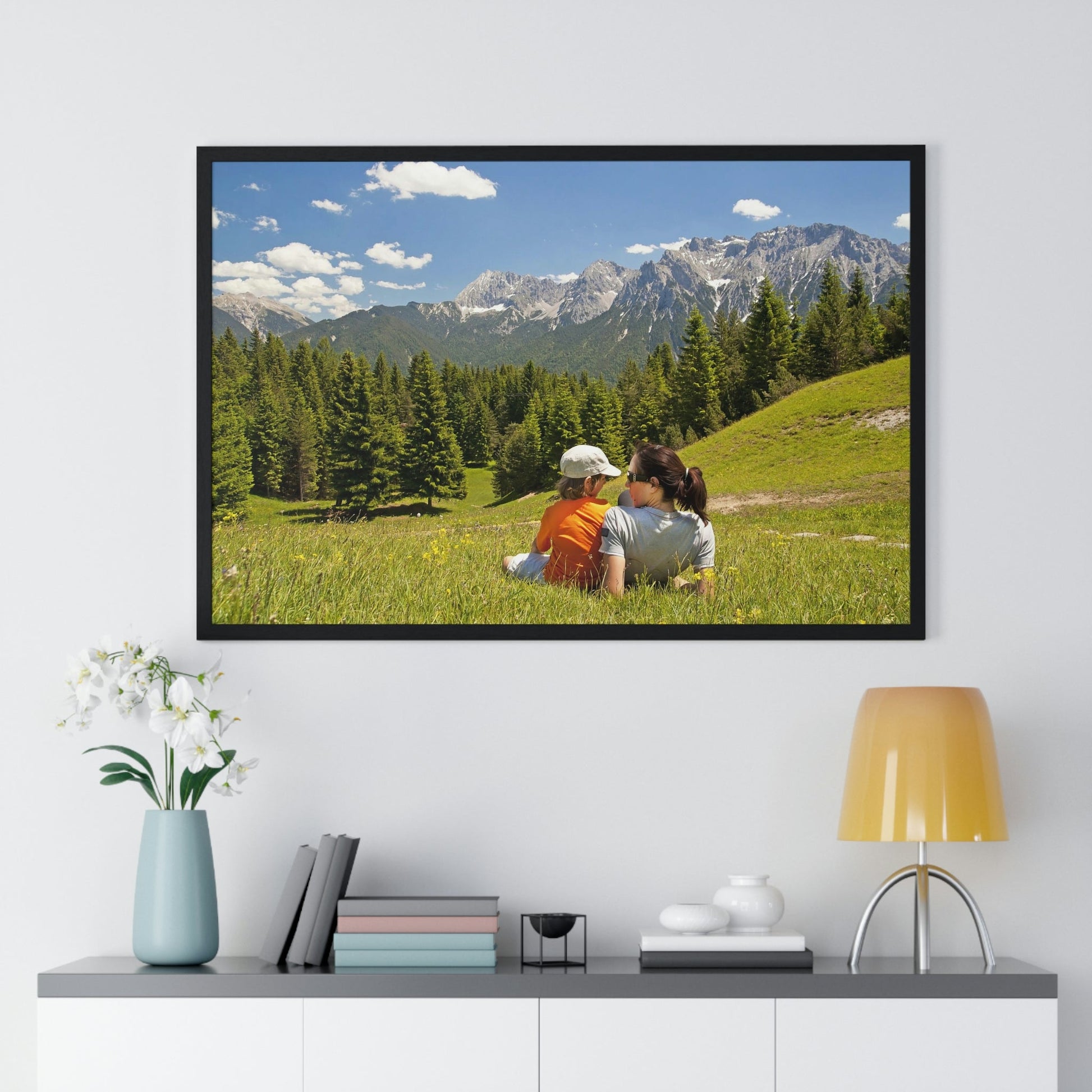 Premium Framed Horizontal Poster - Printed in LATVIA - Mother and child family hiking on mountain trip pasture in Alps - EUROPE - Green Forest Home