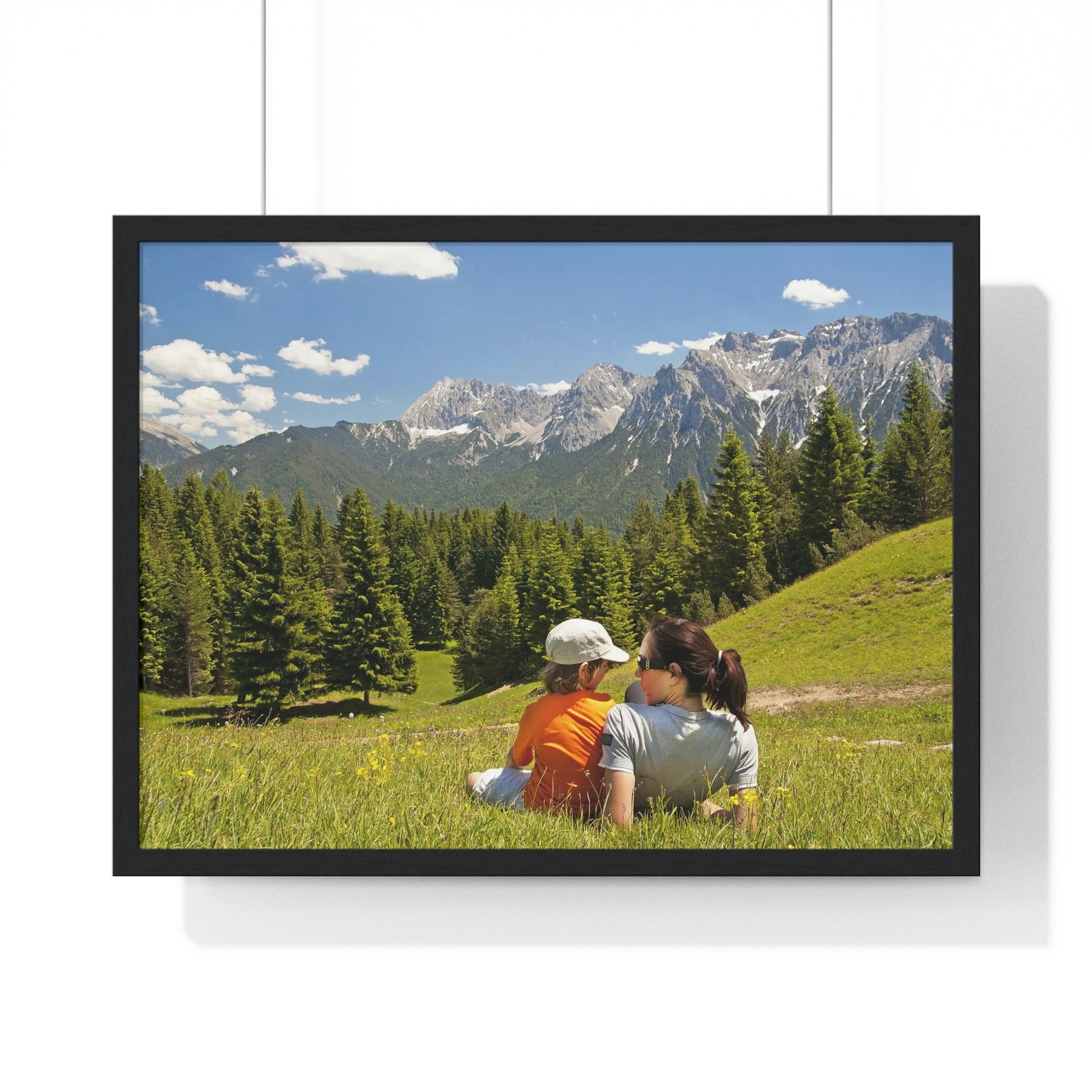 Premium Framed Horizontal Poster - Printed in LATVIA - Mother and child family hiking on mountain trip pasture in Alps - EUROPE - Green Forest Home