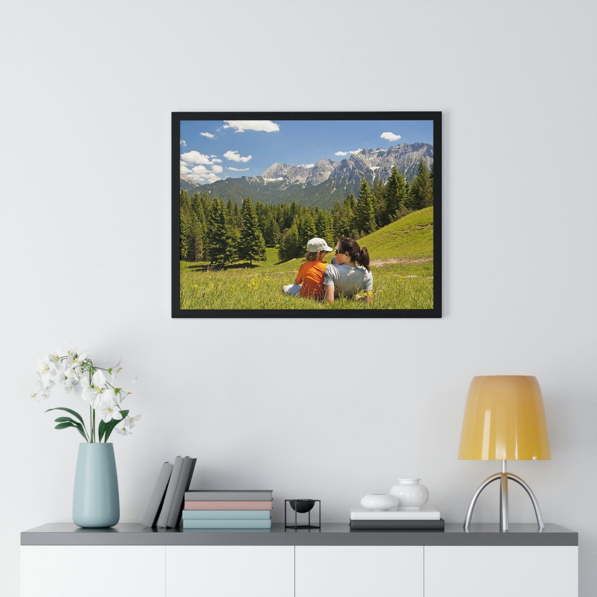 Premium Framed Horizontal Poster - Printed in LATVIA - Mother and child family hiking on mountain trip pasture in Alps - EUROPE - Green Forest Home