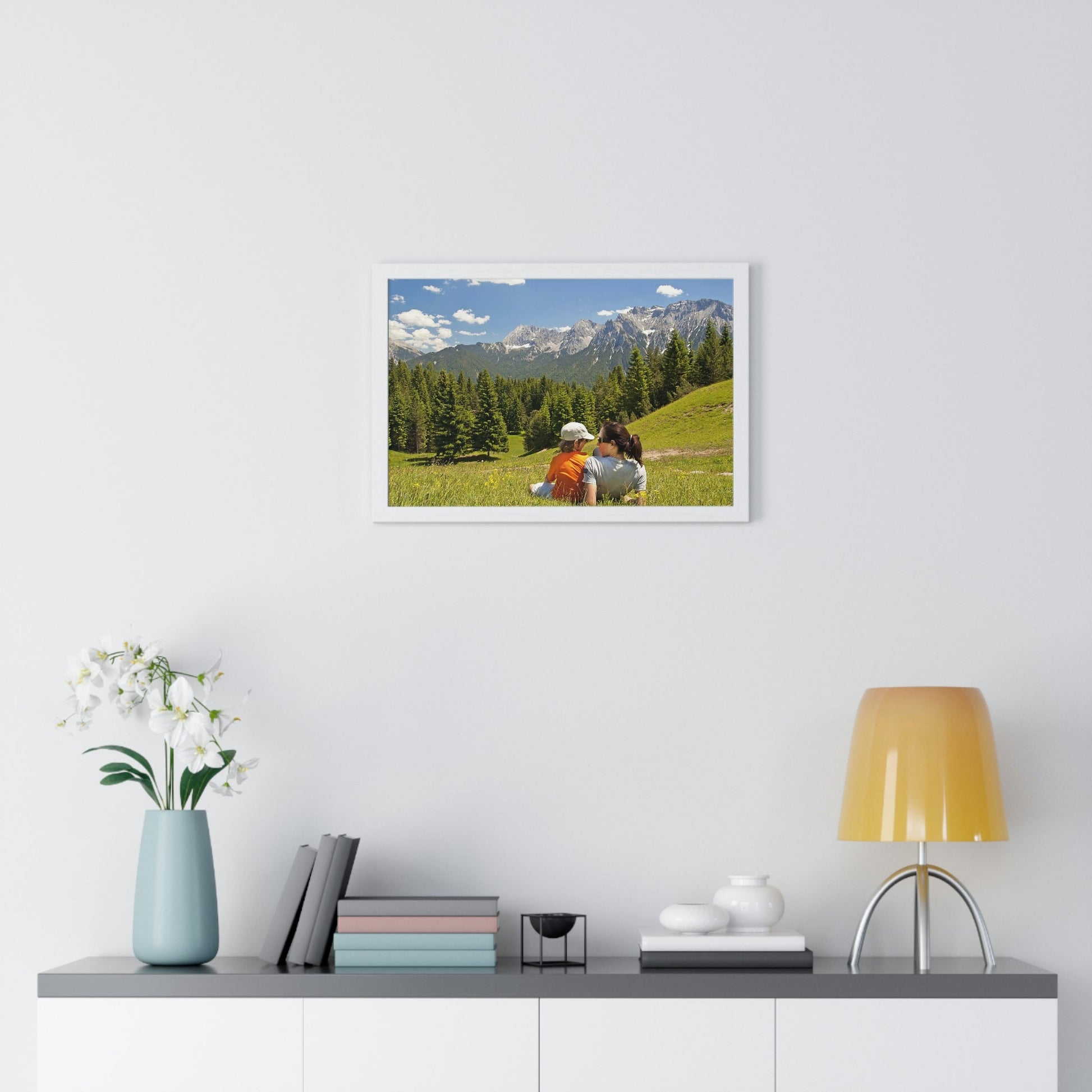 Premium Framed Horizontal Poster - Printed in LATVIA - Mother and child family hiking on mountain trip pasture in Alps - EUROPE - Green Forest Home