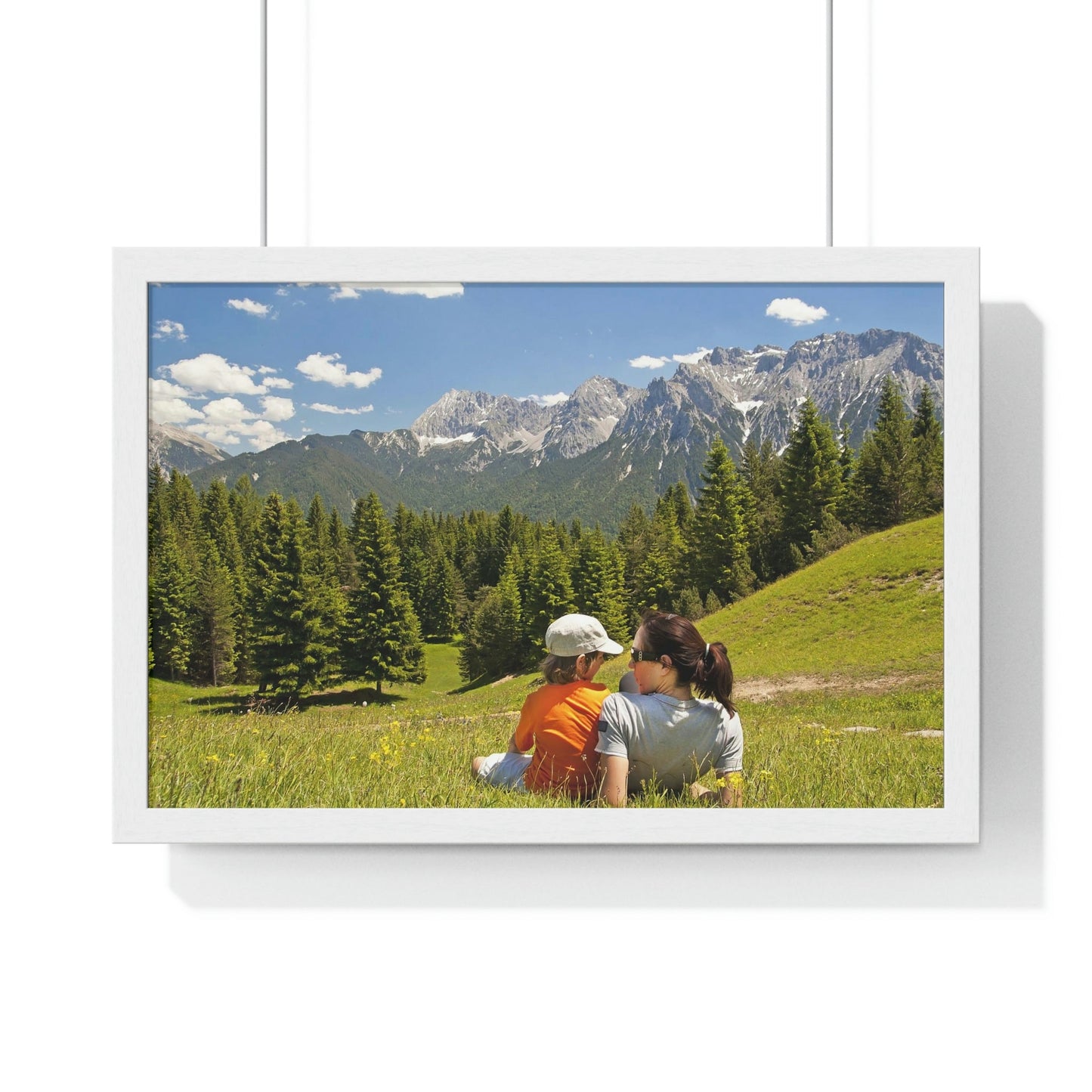 Premium Framed Horizontal Poster - Printed in LATVIA - Mother and child family hiking on mountain trip pasture in Alps - EUROPE - Green Forest Home