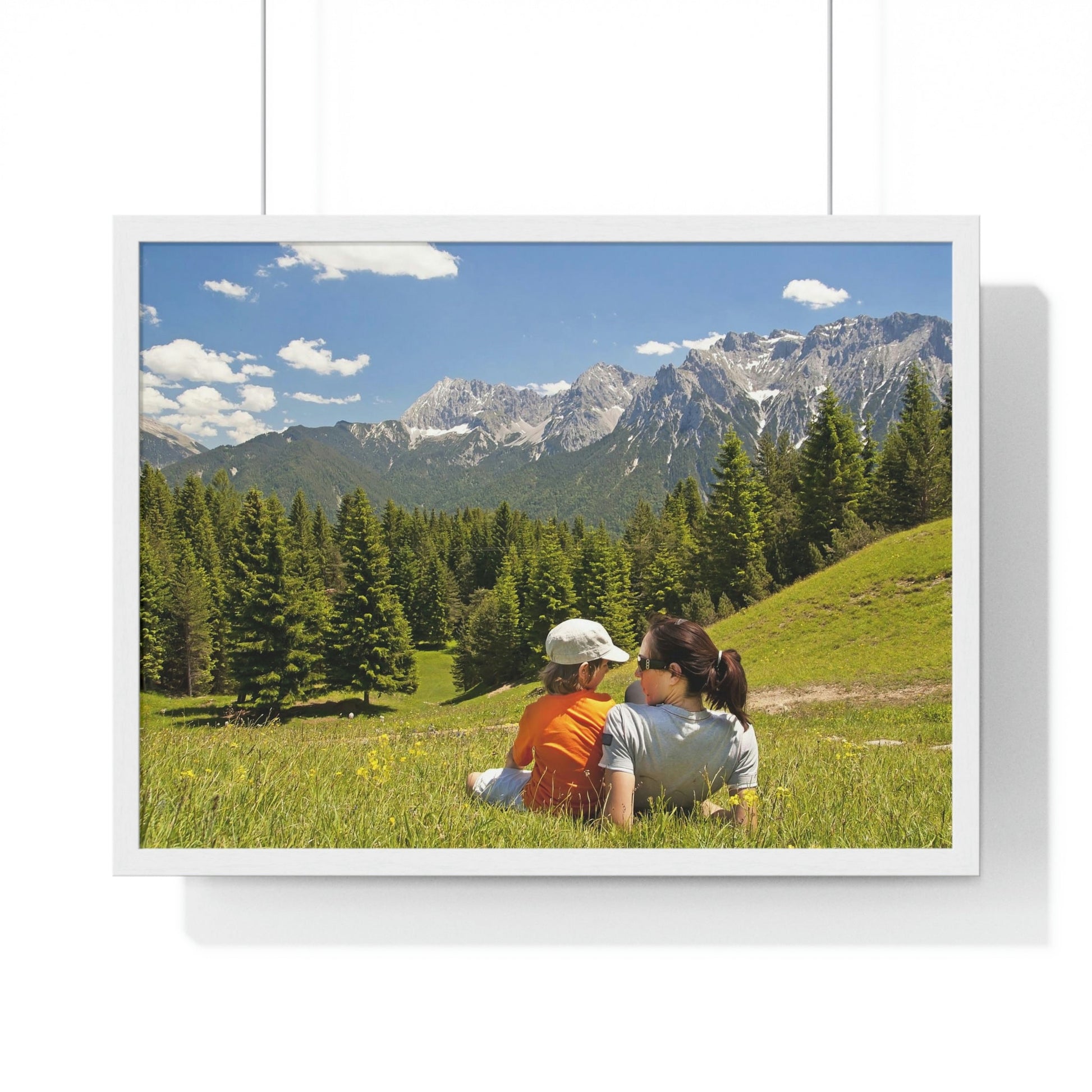 Premium Framed Horizontal Poster - Printed in LATVIA - Mother and child family hiking on mountain trip pasture in Alps - EUROPE - Green Forest Home