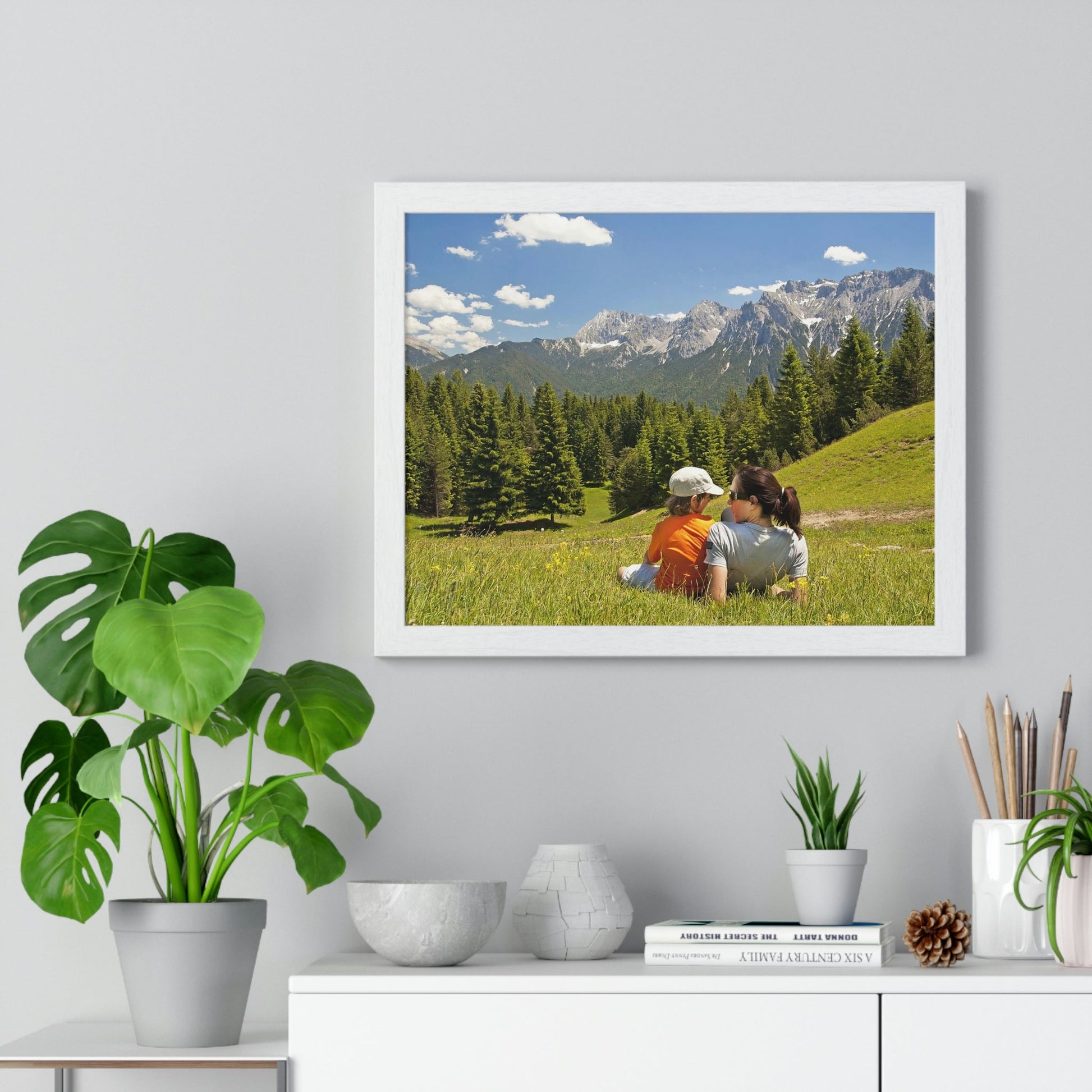 Premium Framed Horizontal Poster - Printed in LATVIA - Mother and child family hiking on mountain trip pasture in Alps - EUROPE - Green Forest Home