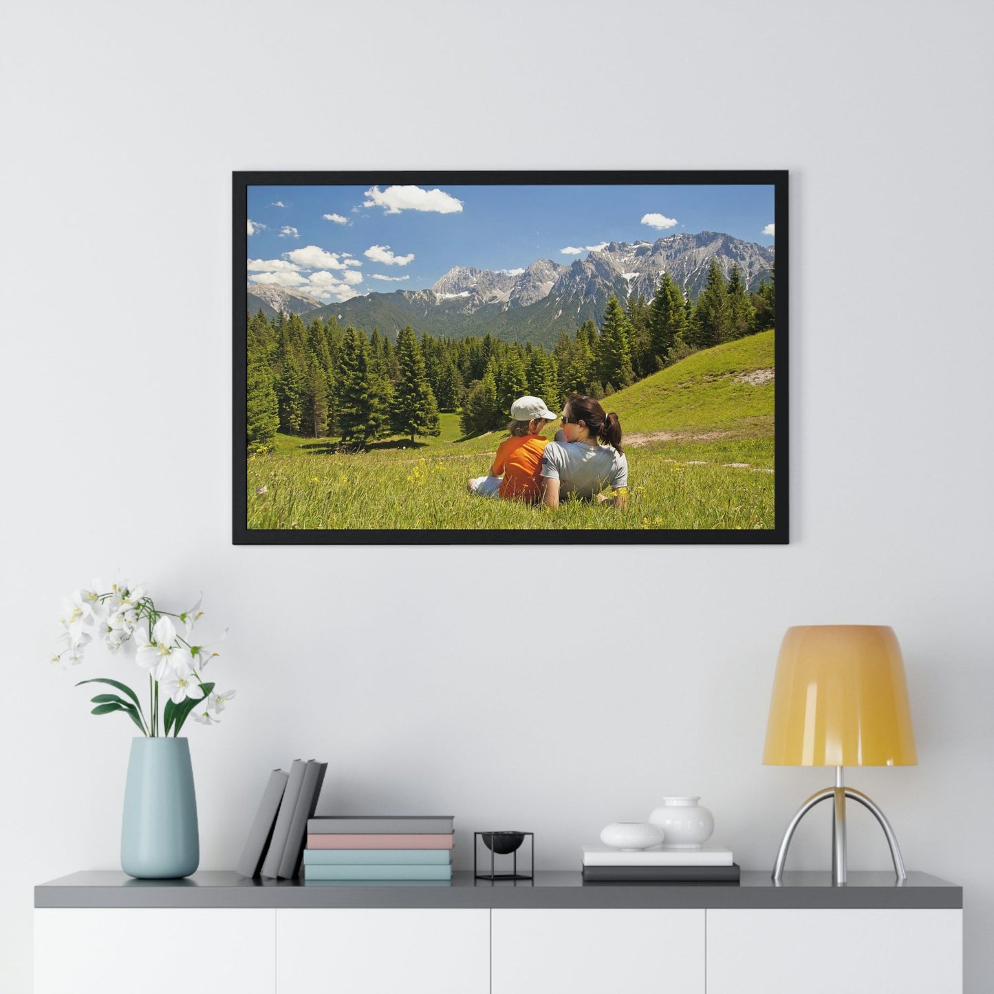 Premium Framed Horizontal Poster - Printed in LATVIA - Mother and child family hiking on mountain trip pasture in Alps - EUROPE - Green Forest Home