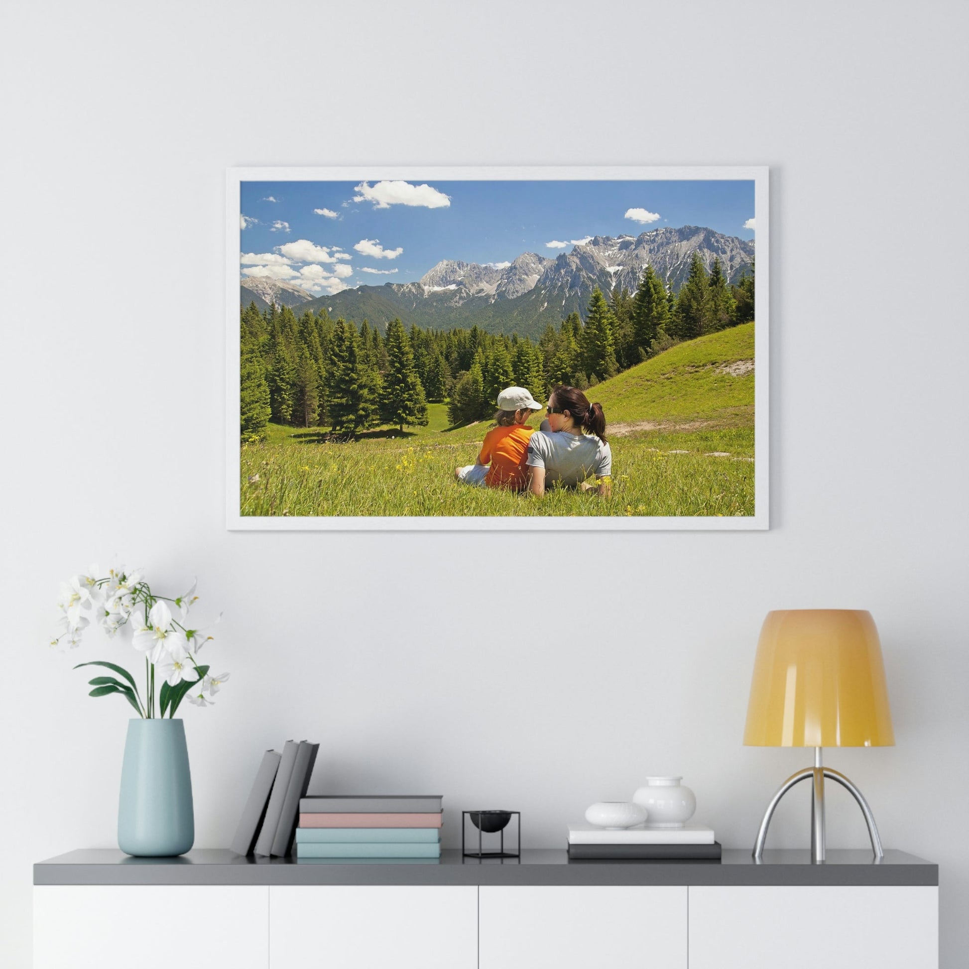 Premium Framed Horizontal Poster - Printed in LATVIA - Mother and child family hiking on mountain trip pasture in Alps - EUROPE - Green Forest Home