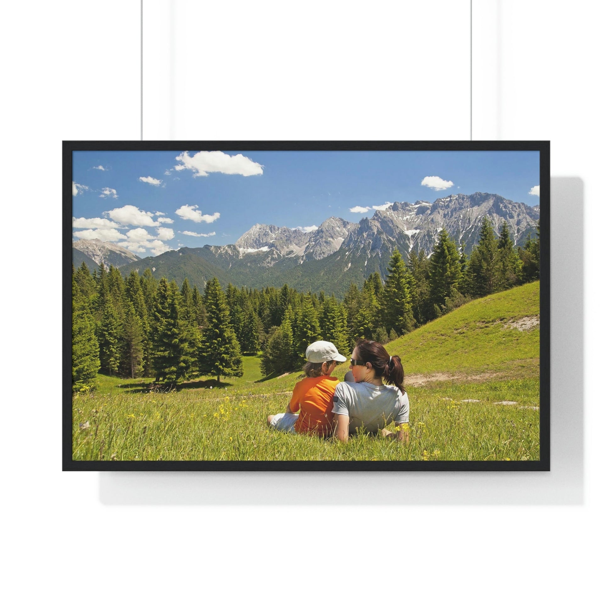 Premium Framed Horizontal Poster - Printed in LATVIA - Mother and child family hiking on mountain trip pasture in Alps - EUROPE - Green Forest Home