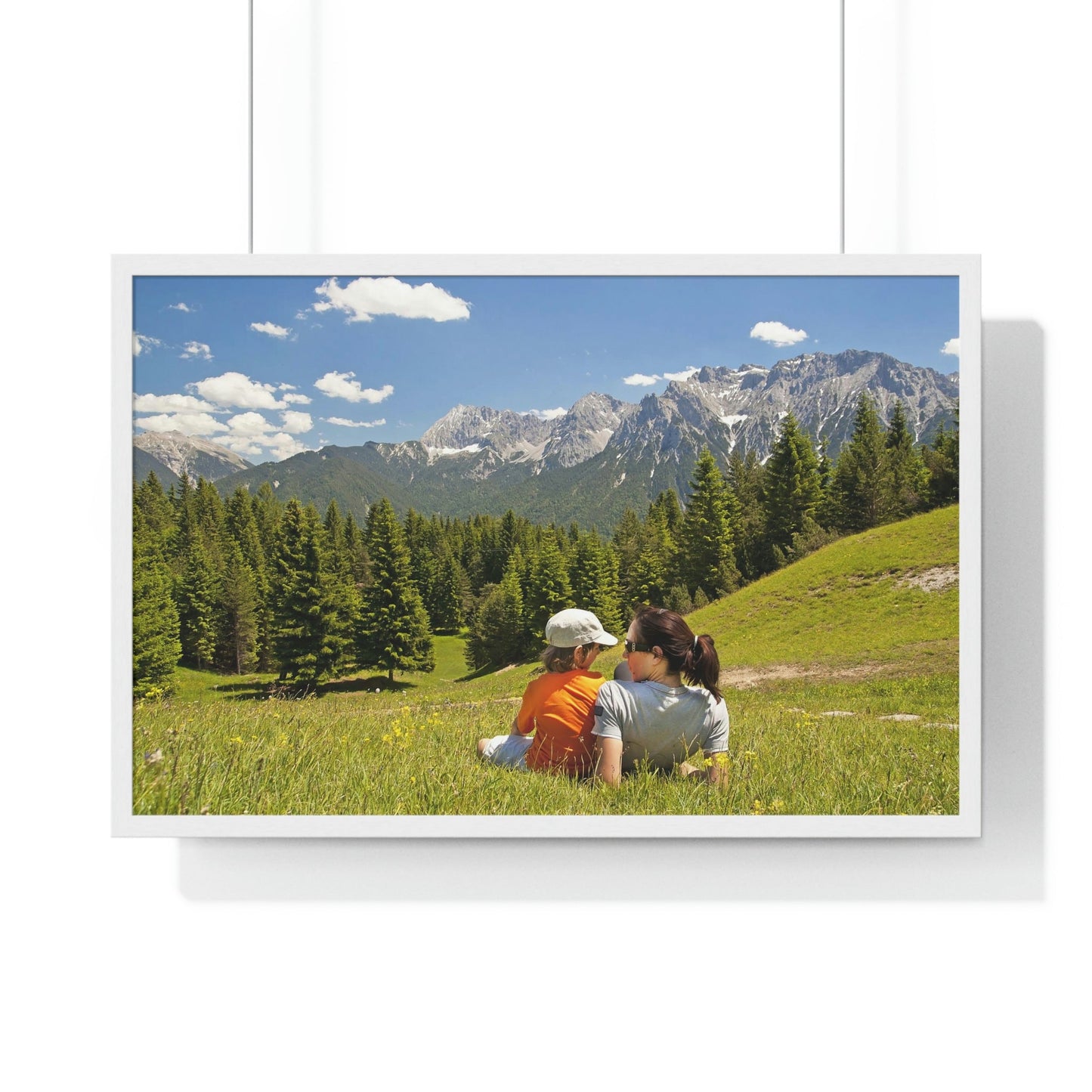 Premium Framed Horizontal Poster - Printed in LATVIA - Mother and child family hiking on mountain trip pasture in Alps - EUROPE - Green Forest Home