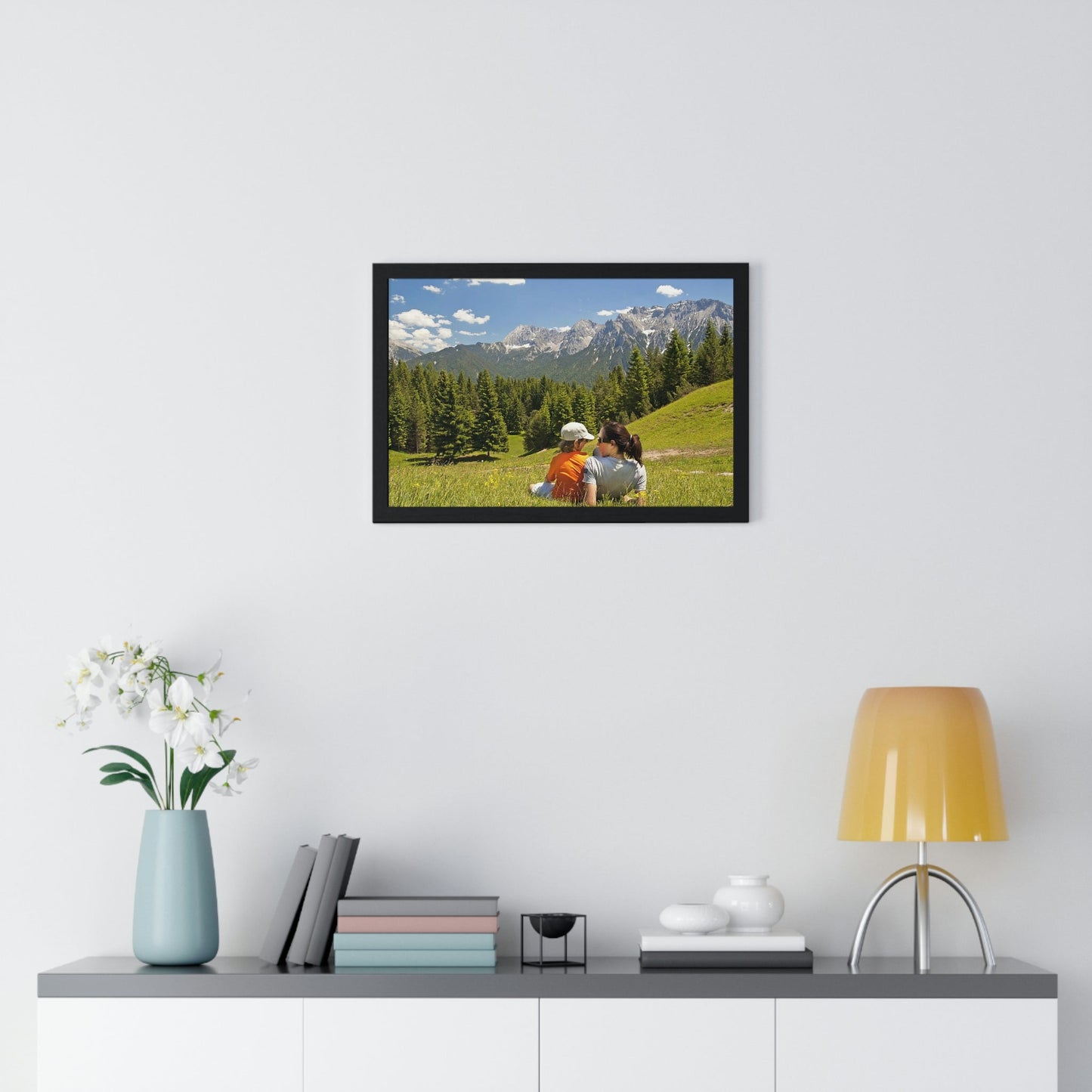 Premium Framed Horizontal Poster - Printed in LATVIA - Mother and child family hiking on mountain trip pasture in Alps - EUROPE - Green Forest Home