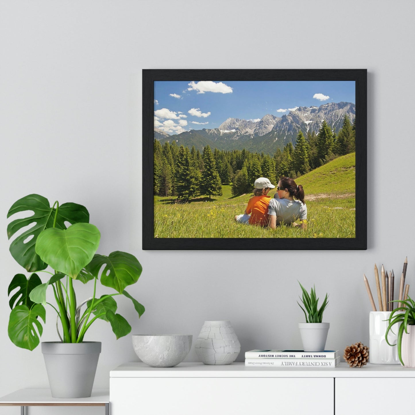 Premium Framed Horizontal Poster - Printed in LATVIA - Mother and child family hiking on mountain trip pasture in Alps - EUROPE - Green Forest Home