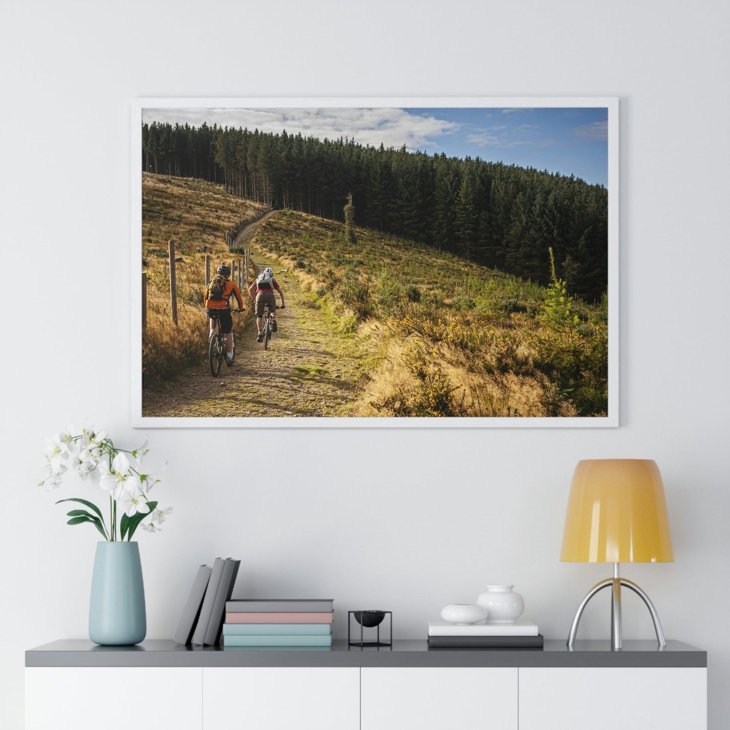 Premium Framed Horizontal Poster - Printed in LATVIA - Mountain Bikers riding towards a forest in Ireland - UK - EUROPE - Green Forest Home