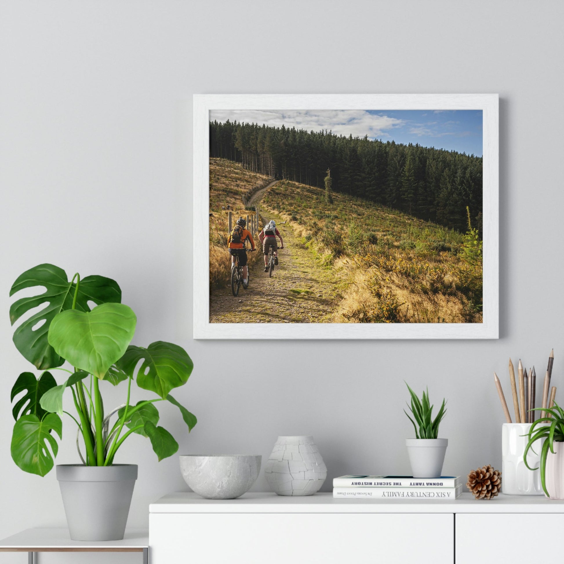 Premium Framed Horizontal Poster - Printed in LATVIA - Mountain Bikers riding towards a forest in Ireland - UK - EUROPE - Green Forest Home