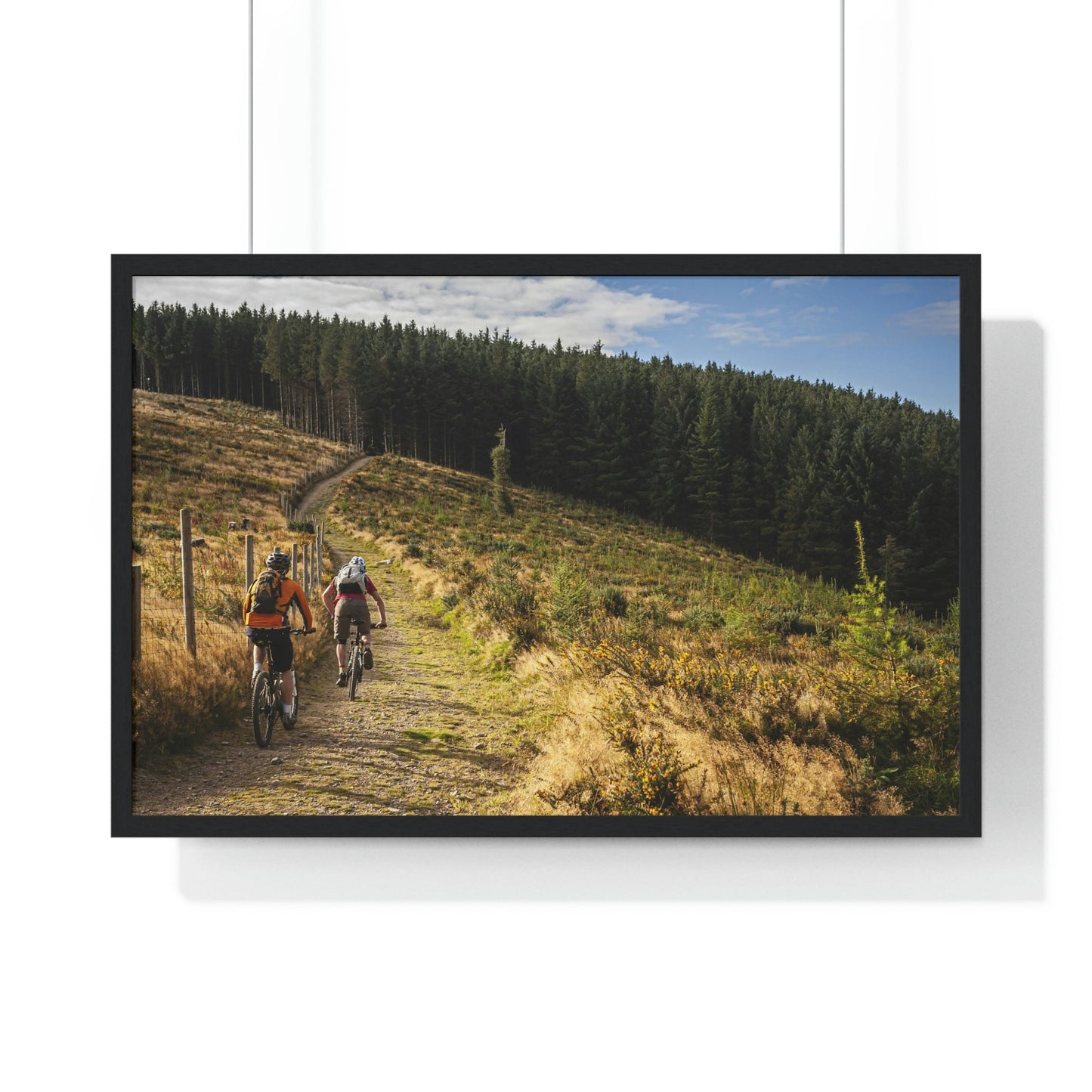 Premium Framed Horizontal Poster - Printed in LATVIA - Mountain Bikers riding towards a forest in Ireland - UK - EUROPE - Green Forest Home