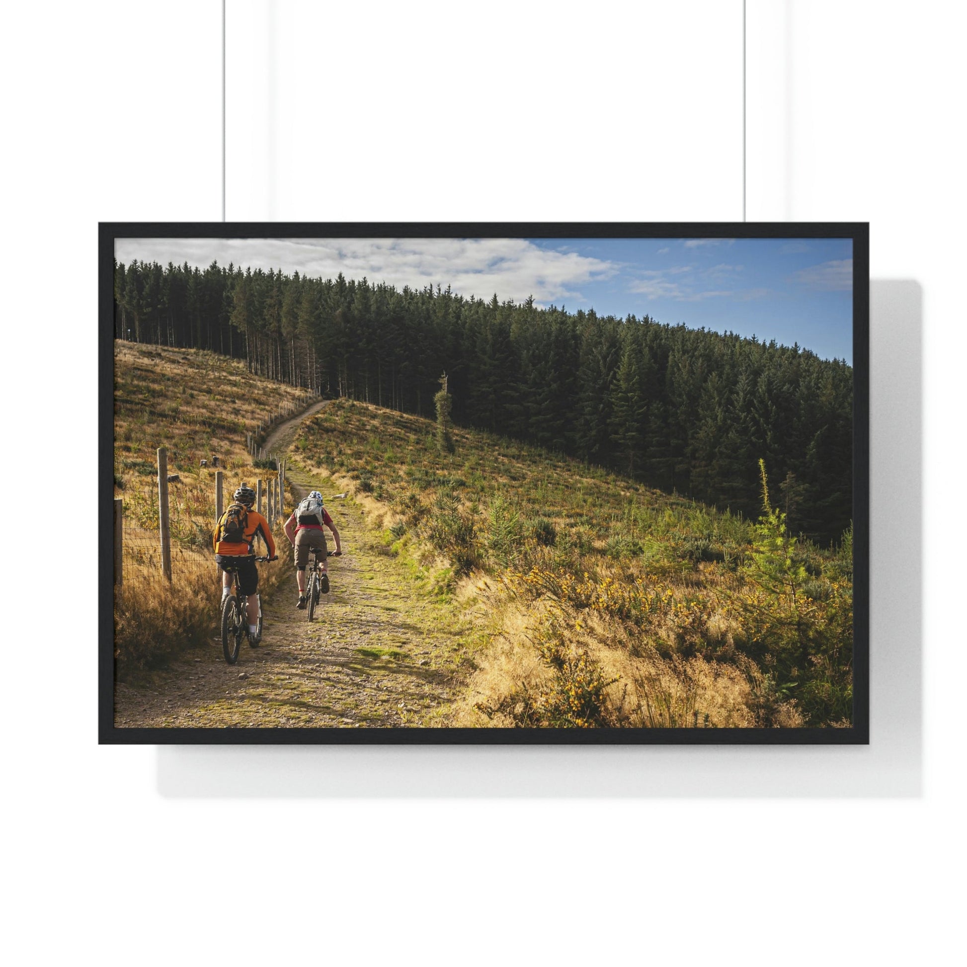 Premium Framed Horizontal Poster - Printed in LATVIA - Mountain Bikers riding towards a forest in Ireland - UK - EUROPE - Green Forest Home