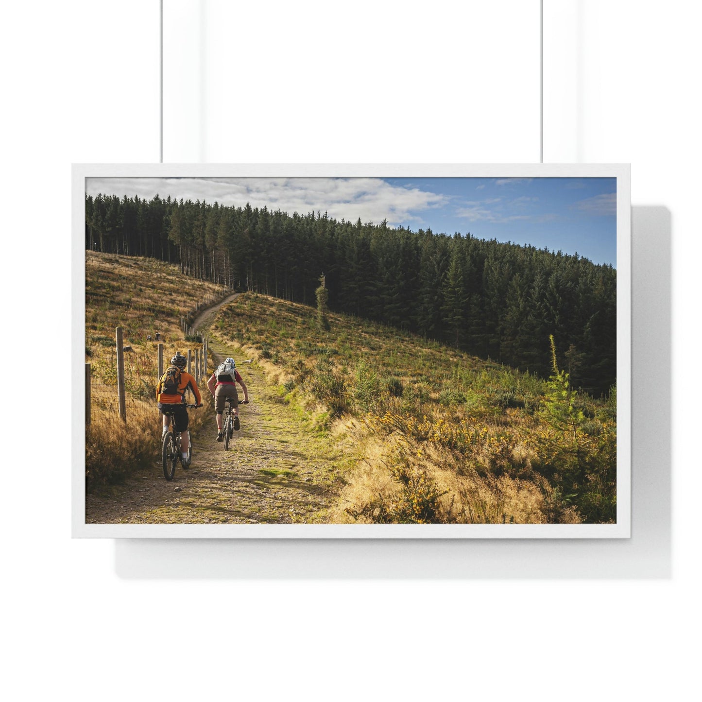 Premium Framed Horizontal Poster - Printed in LATVIA - Mountain Bikers riding towards a forest in Ireland - UK - EUROPE - Green Forest Home