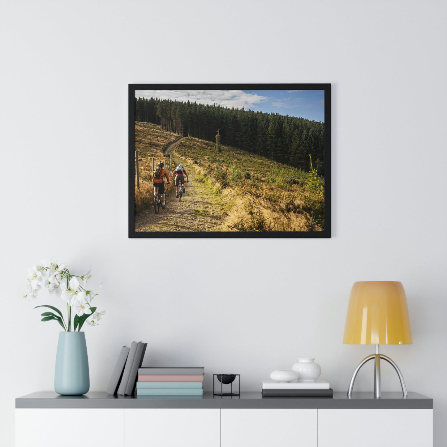 Premium Framed Horizontal Poster - Printed in LATVIA - Mountain Bikers riding towards a forest in Ireland - UK - EUROPE - Green Forest Home