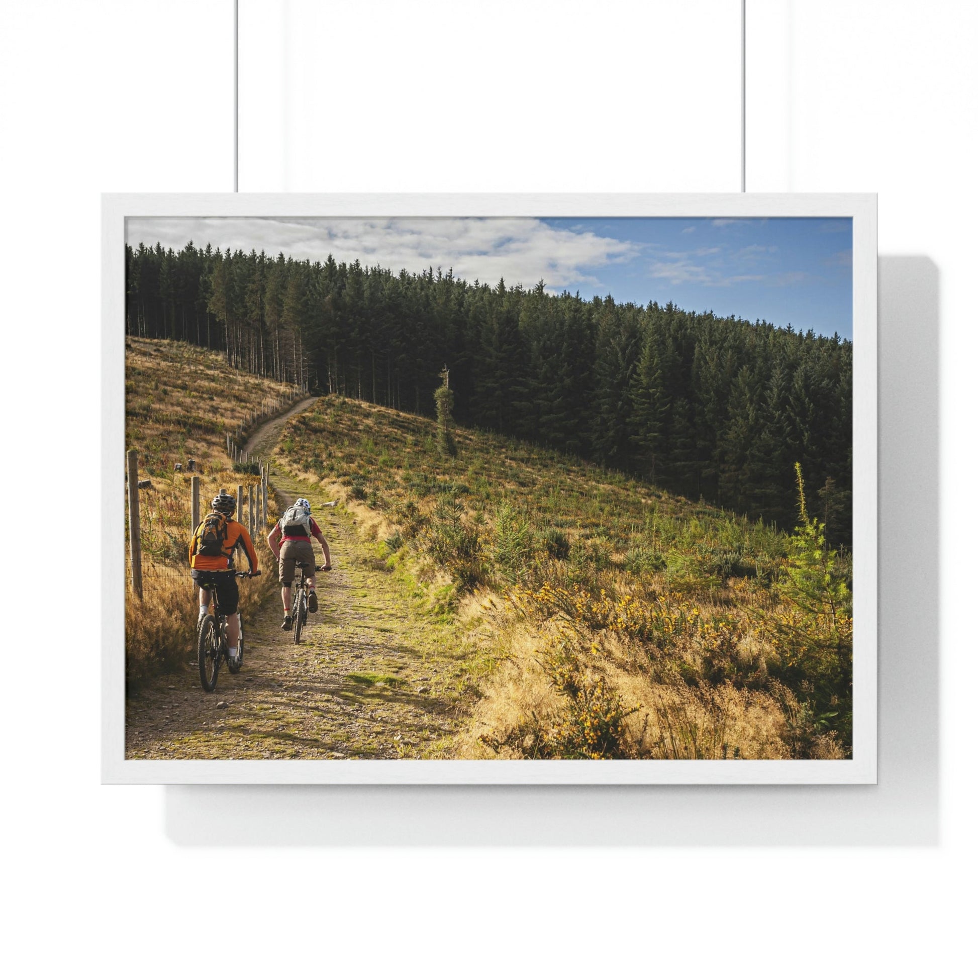 Premium Framed Horizontal Poster - Printed in LATVIA - Mountain Bikers riding towards a forest in Ireland - UK - EUROPE - Green Forest Home