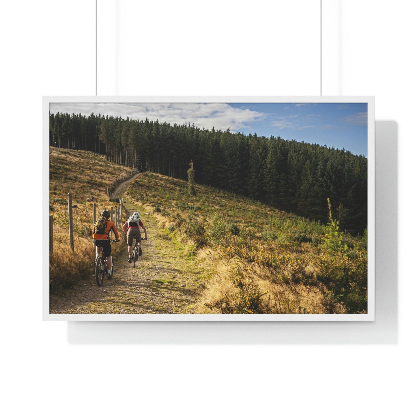 Premium Framed Horizontal Poster - Printed in LATVIA - Mountain Bikers riding towards a forest in Ireland - UK - EUROPE - Green Forest Home